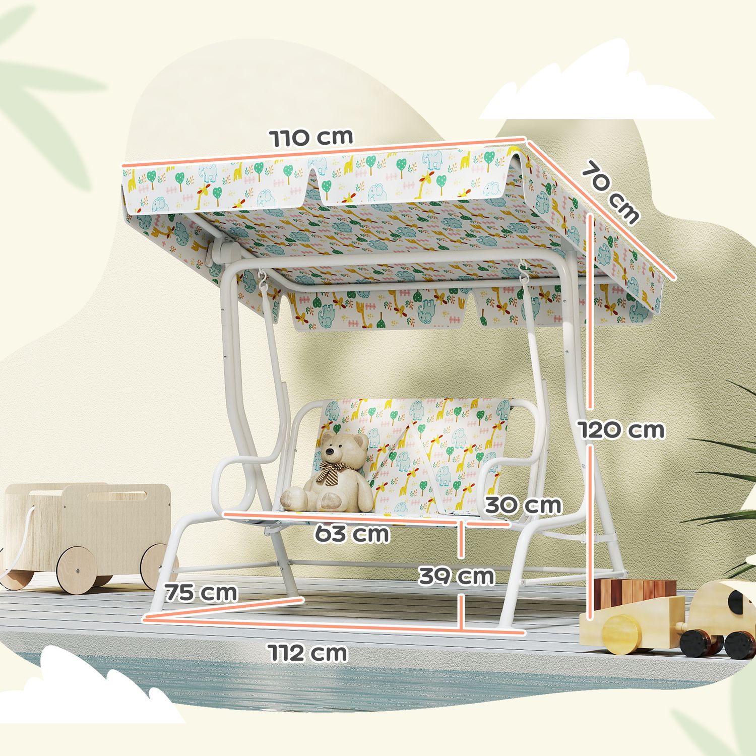 Dondolo per bambini da esterno a 2 posti con tettuccio regolabile e cinture di sicurezza, 112x75x120 cm, bianco - 