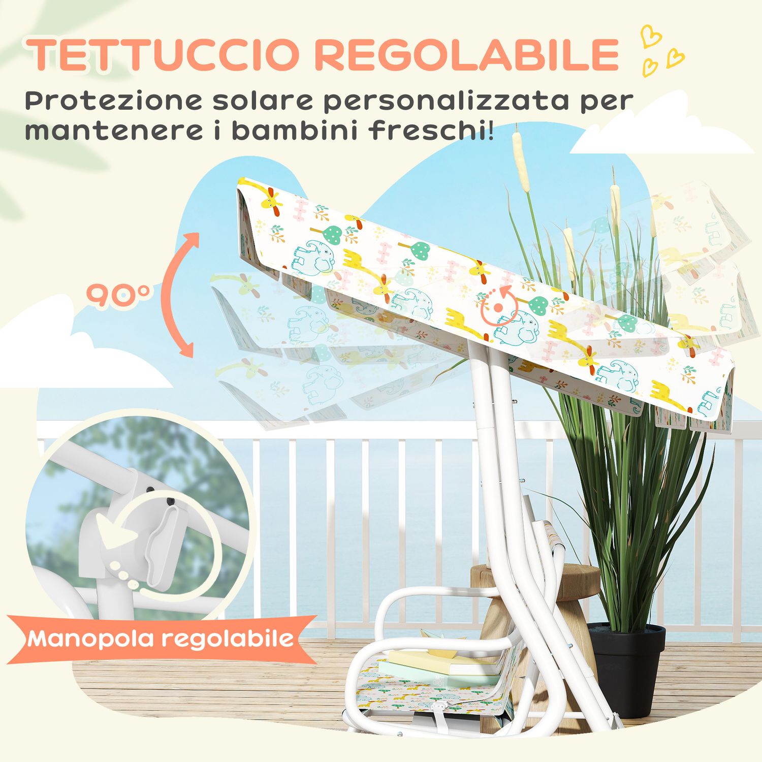 Dondolo per bambini da esterno a 2 posti con tettuccio regolabile e cinture di sicurezza, 112x75x120 cm, bianco - 