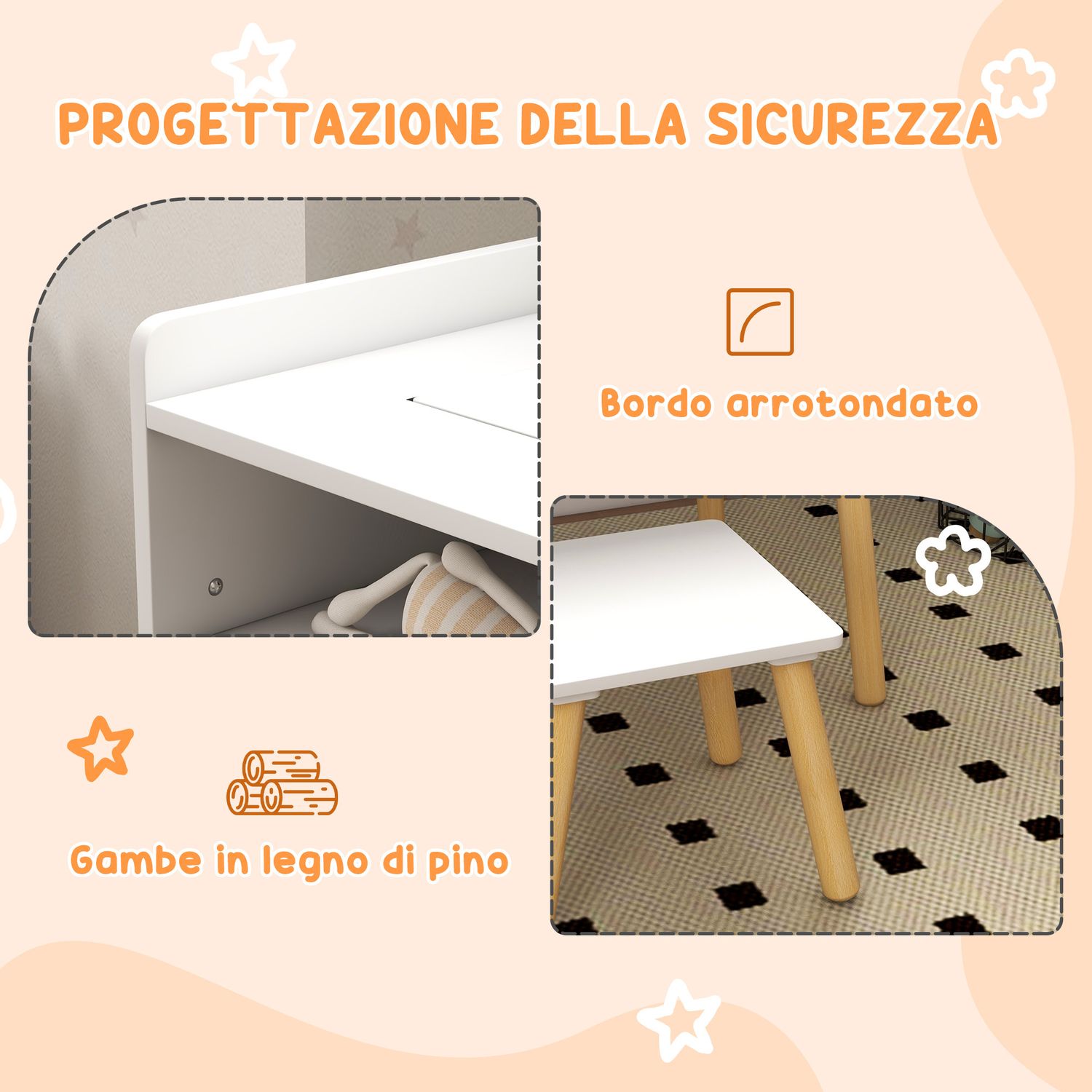 Set tavolino per bambini con sgabello, banchetto con piano reversibile e rotolo di carta, bianco - 