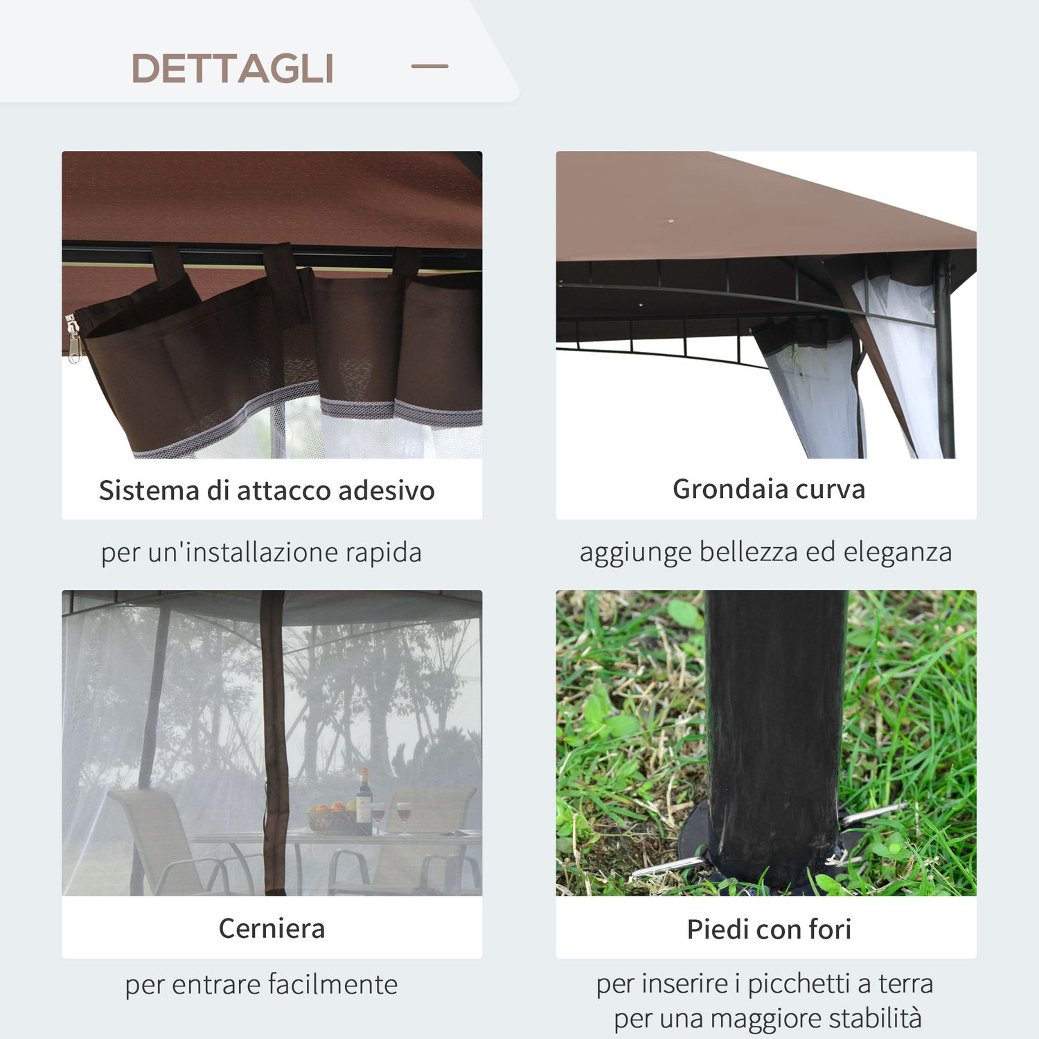 Gazebo da giardino 3x3m con zanzariera, tetto a 2 livelli e struttura in metallo marrone - 