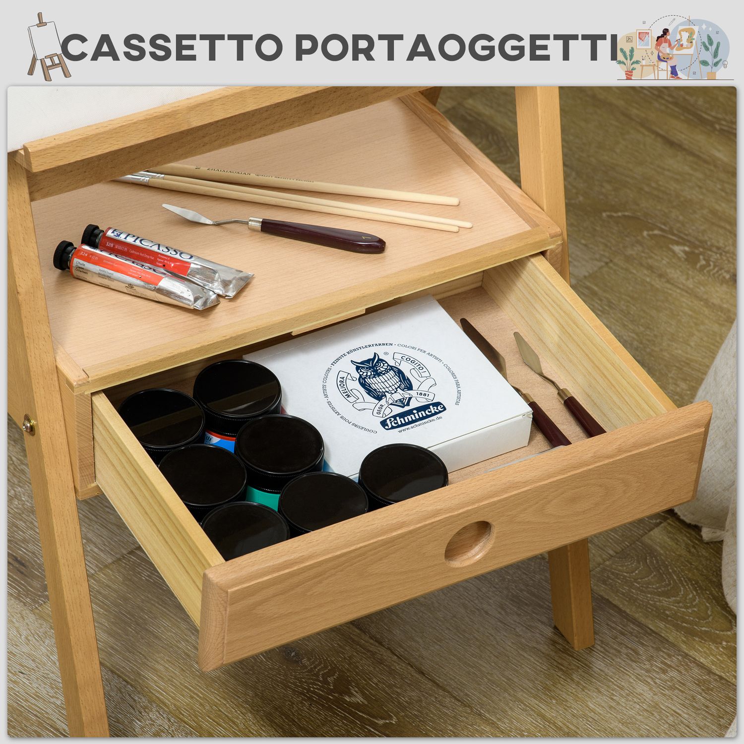 Cavalletto da pittore ad altezza regolabile con cassetto, in legno di faggio, 43.5x43x150-190 cm - 