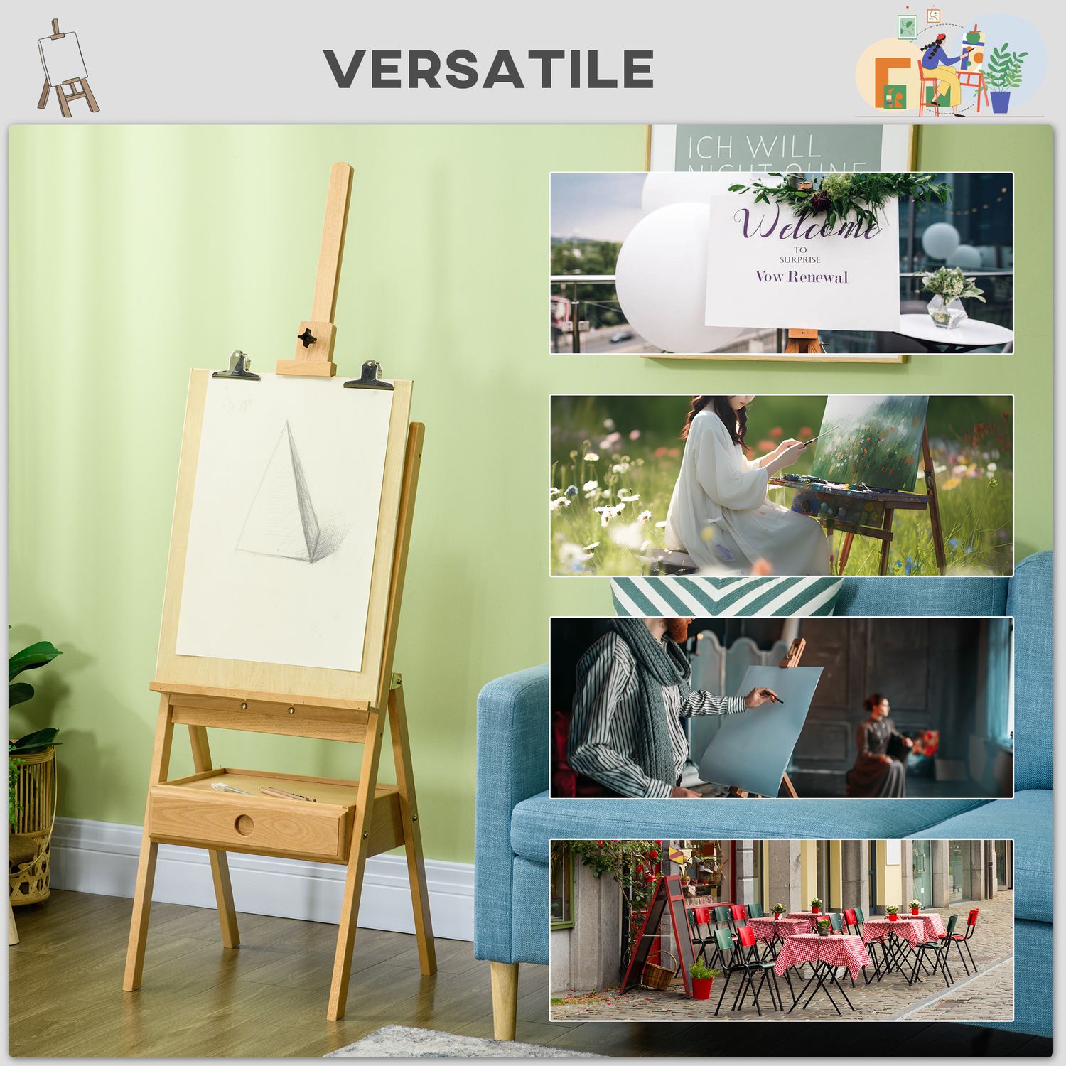 Cavalletto da pittore ad altezza regolabile con cassetto, in legno di faggio, 43.5x43x150-190 cm - 