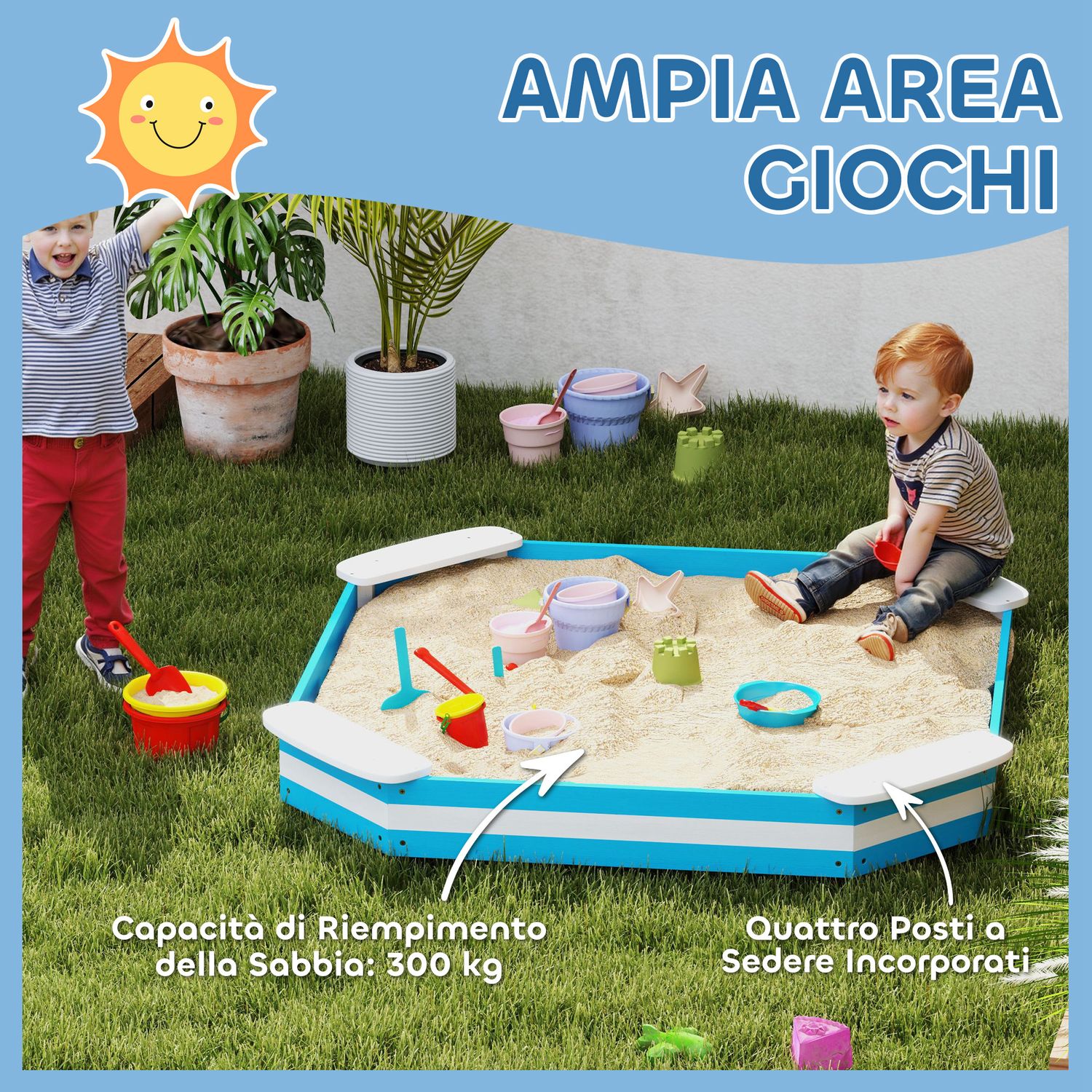 Sabbiera per bambini con 4 sedute angolari in legno, età 3-6 anni, 133x133x16 cm, blu e bianco - 