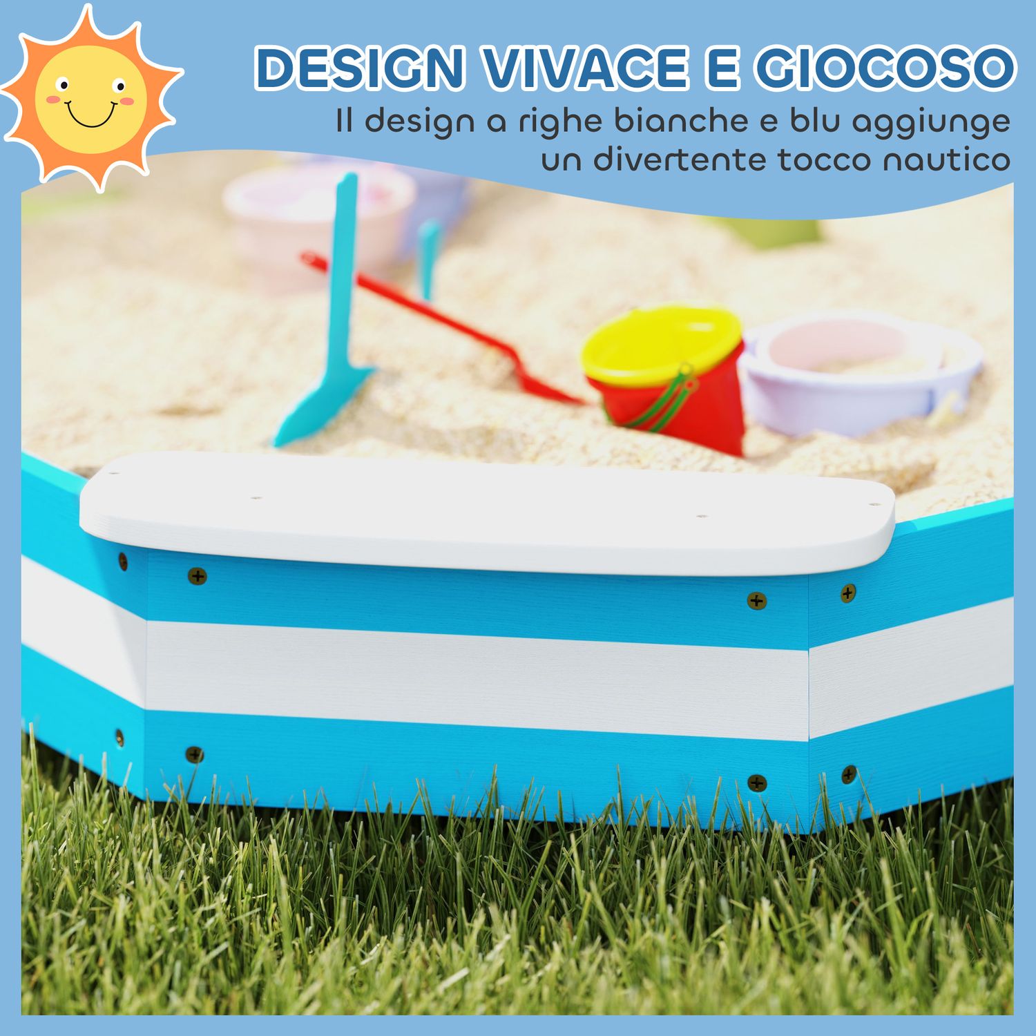Sabbiera per bambini con 4 sedute angolari in legno, età 3-6 anni, 133x133x16 cm, blu e bianco - 