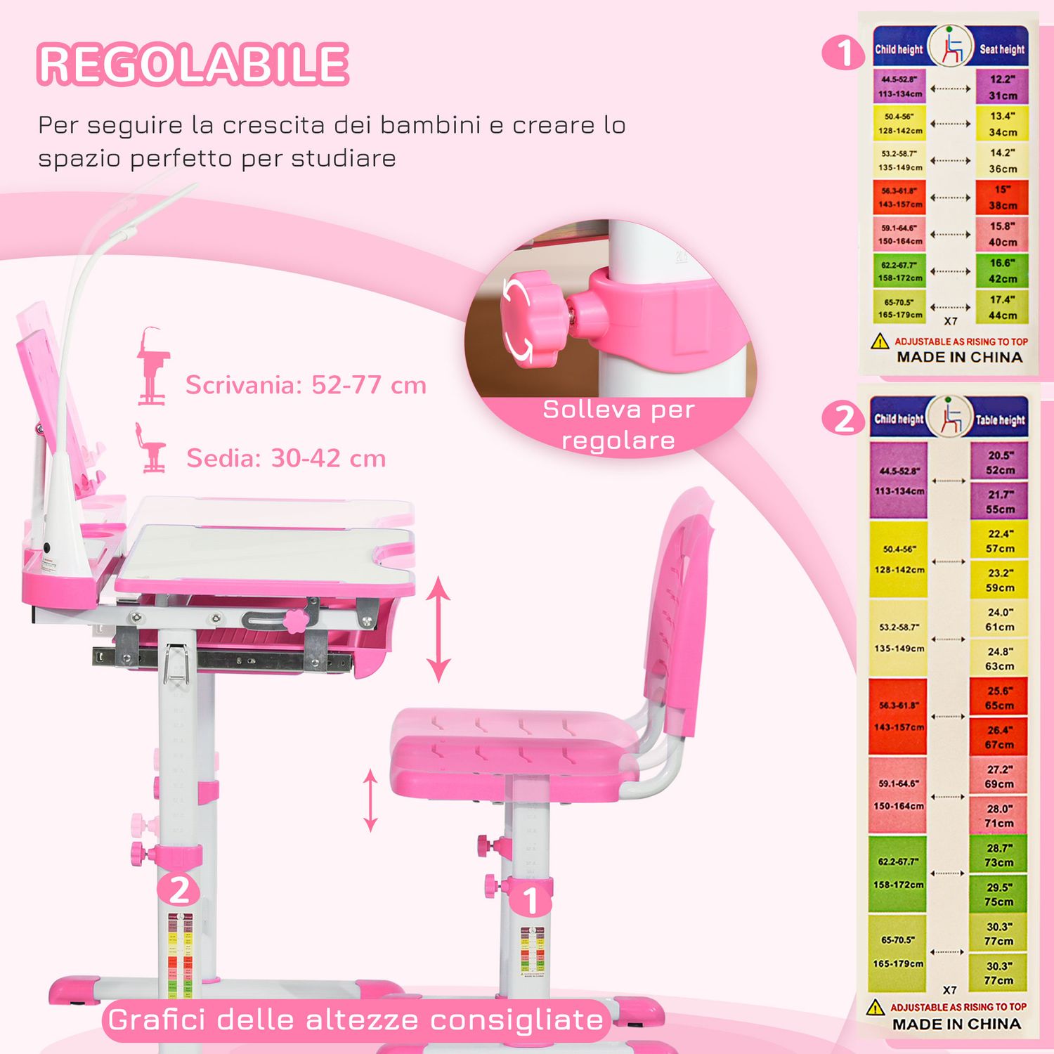 Banco scuola regolabile con sedia per bambini 6-12 anni, 70x49.5x80-105 cm, rosa - 