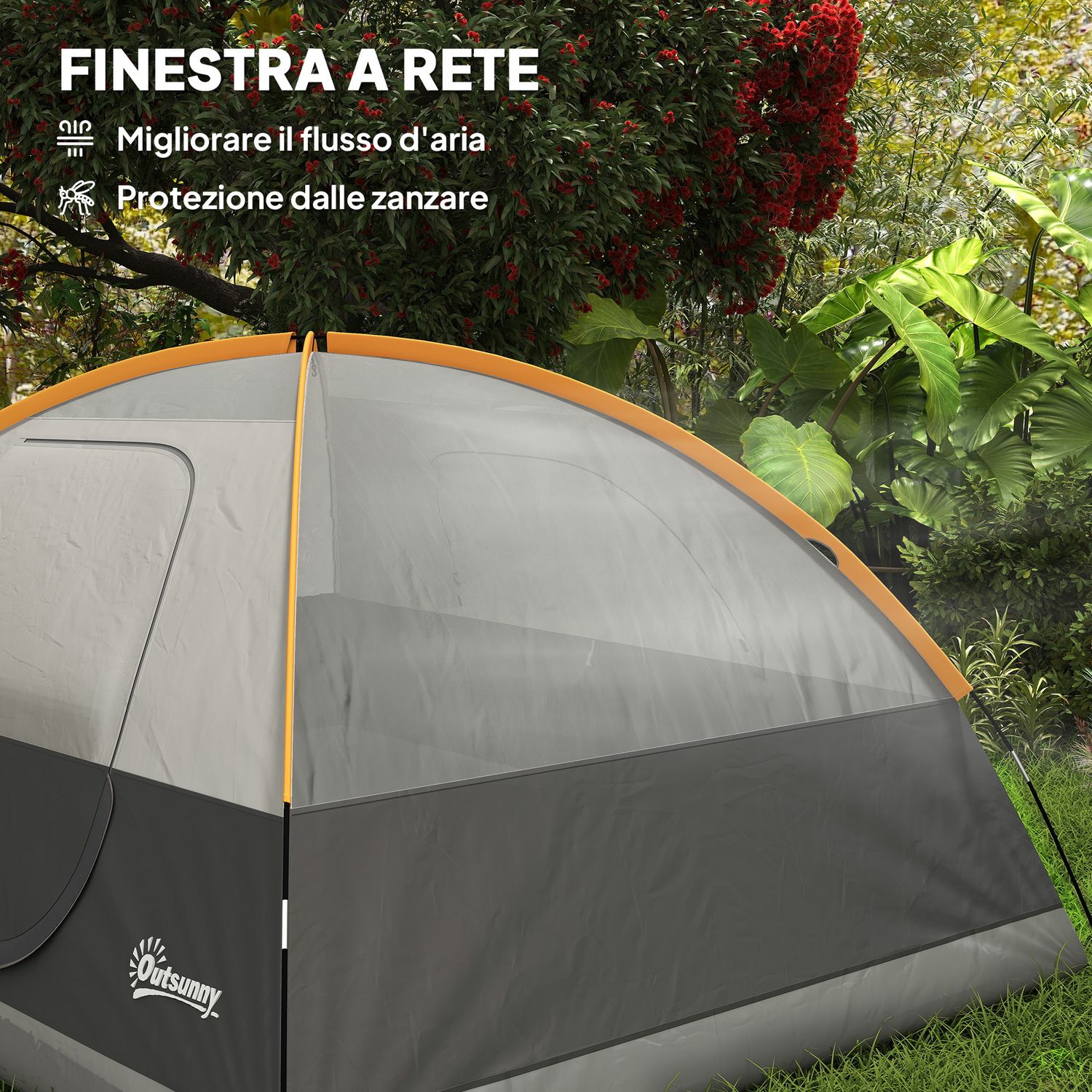 Tenda da campeggio per 3 persone impermeabile con tasche, gancio per lanterna e borsa di trasporto, arancione - 