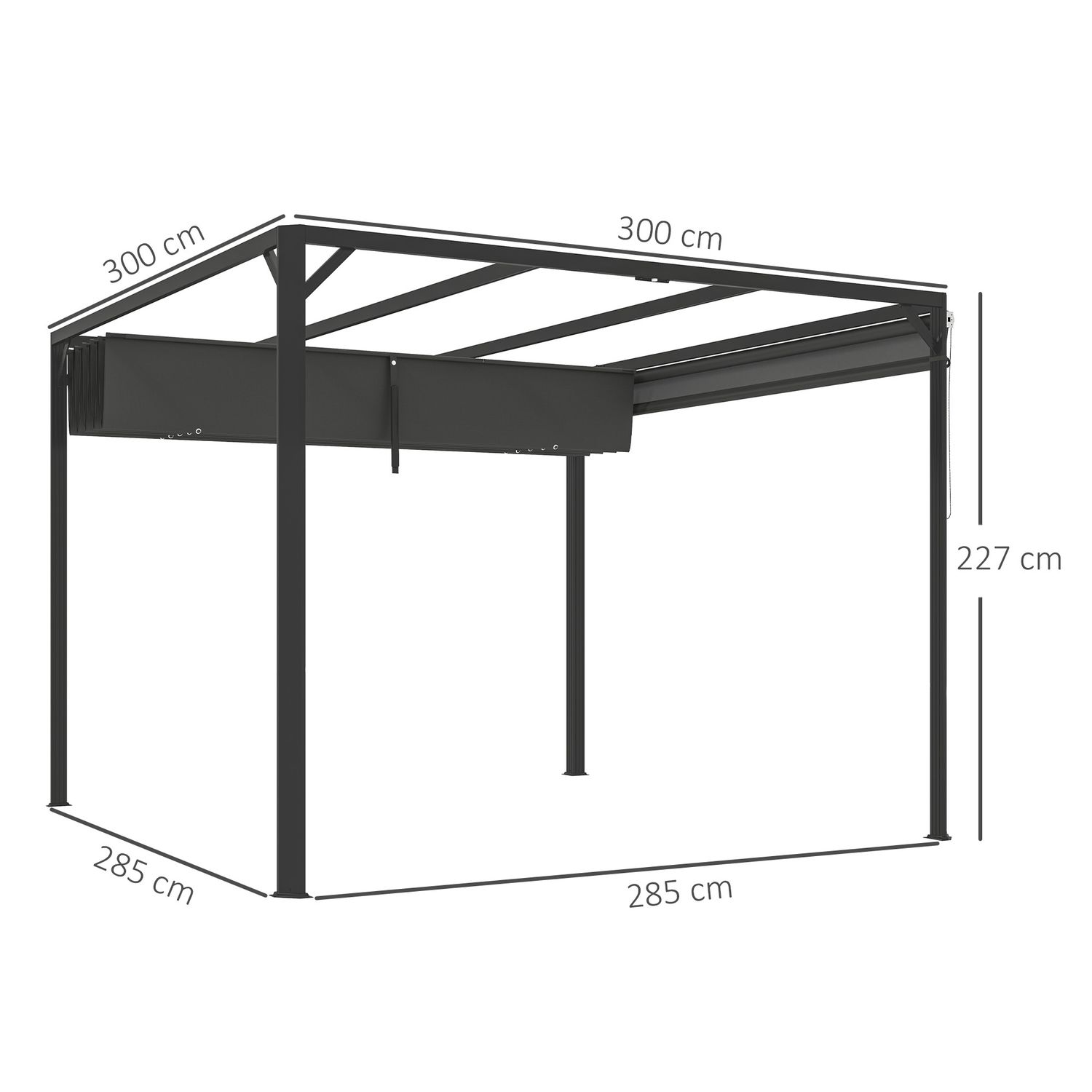 Gazebo pergola retrattile 3x3 m con tenda a rullo e fori di drenaggio, in acciaio e poliestere grigio scuro - 