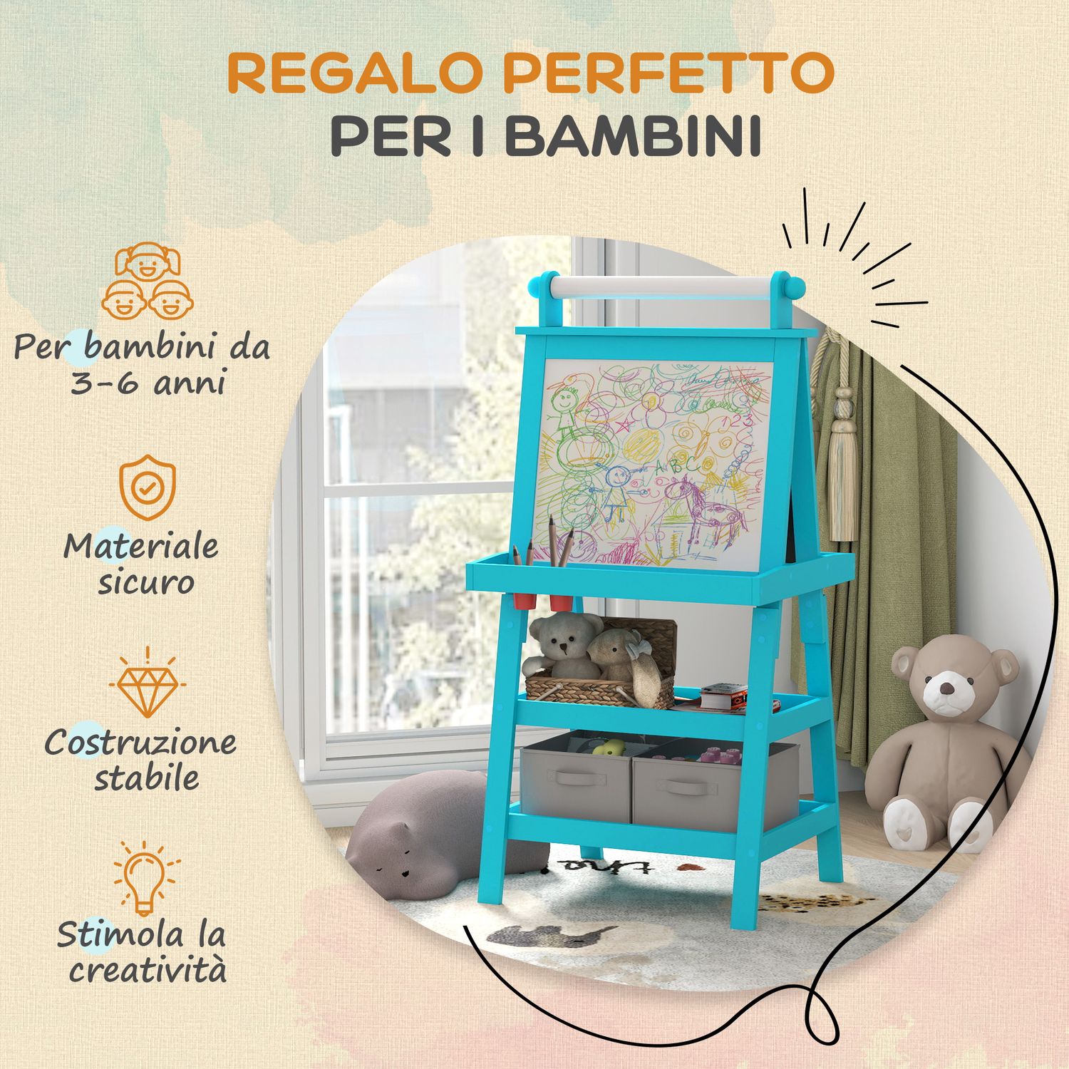 Lavagna per bambini con cavalletto 3 in 1, rotolo di carta e 2 contenitori, in legno, 59x48x118 cm, blu - 