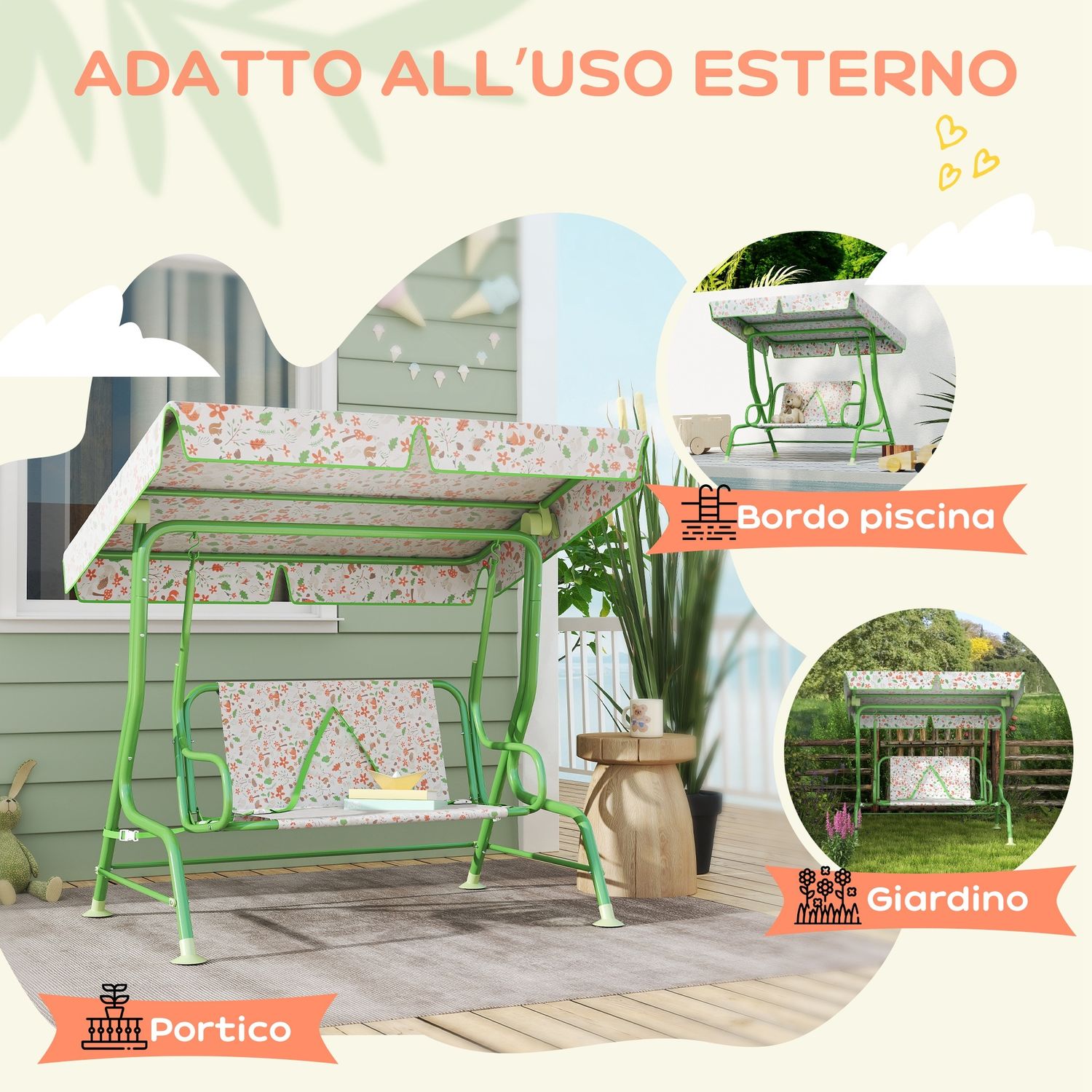 Dondolo per bambini da esterno a 2 posti con tettuccio regolabile e cinture di sicurezza, 112x75x120 cm, verde - 