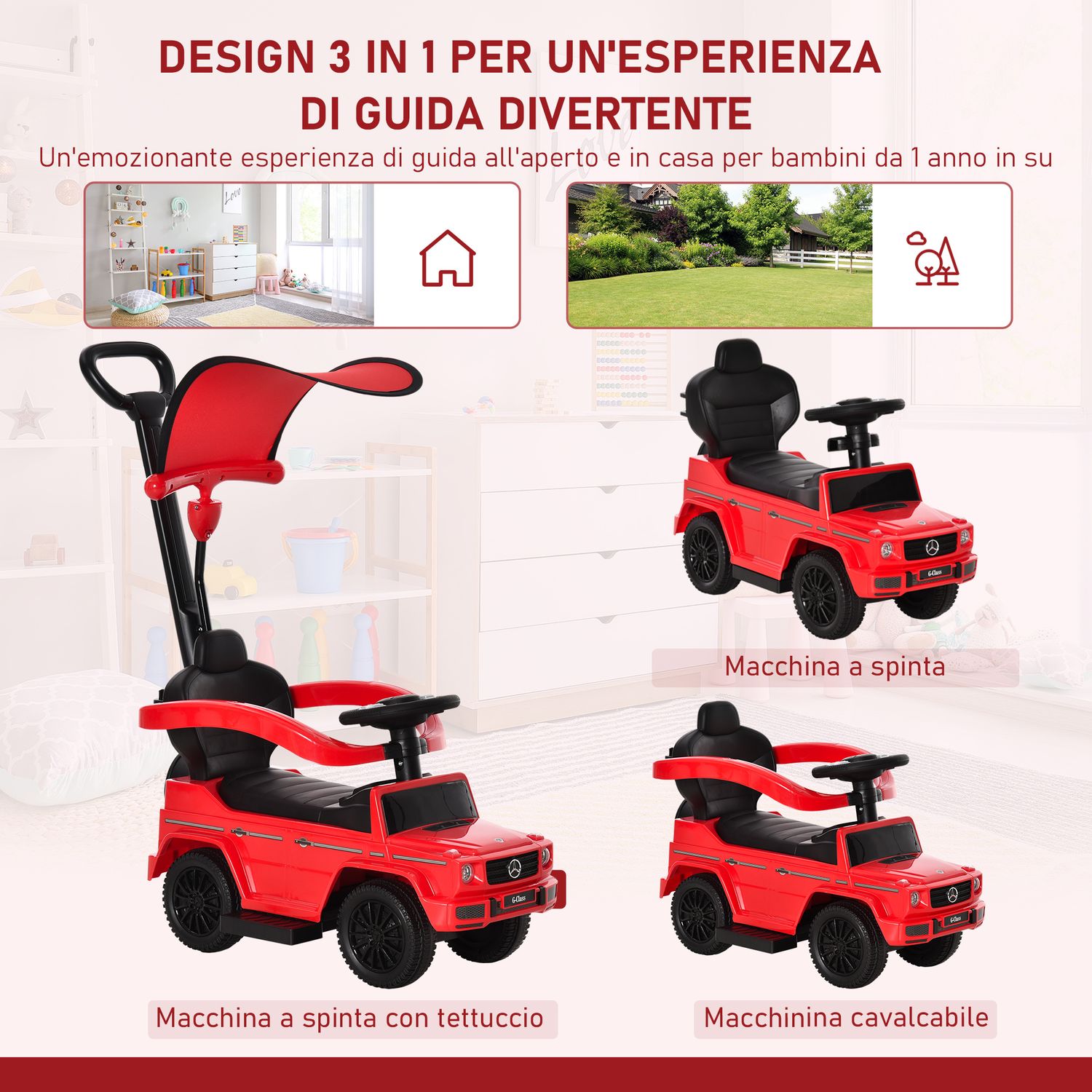 Macchina a spinta per bambini 12-36 mesi con licenza mercedes, tettuccio e maniglia, 85.5x40.5x95 cm, rosso - 
