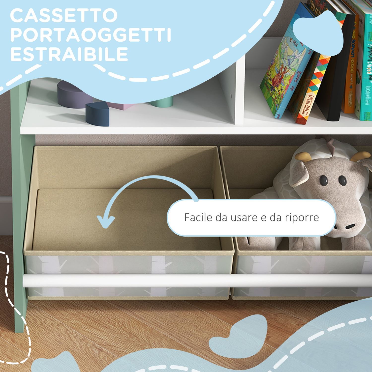 Scaffale portagiochi per bambini con ripiani e cassetti rimovibili, verde - 