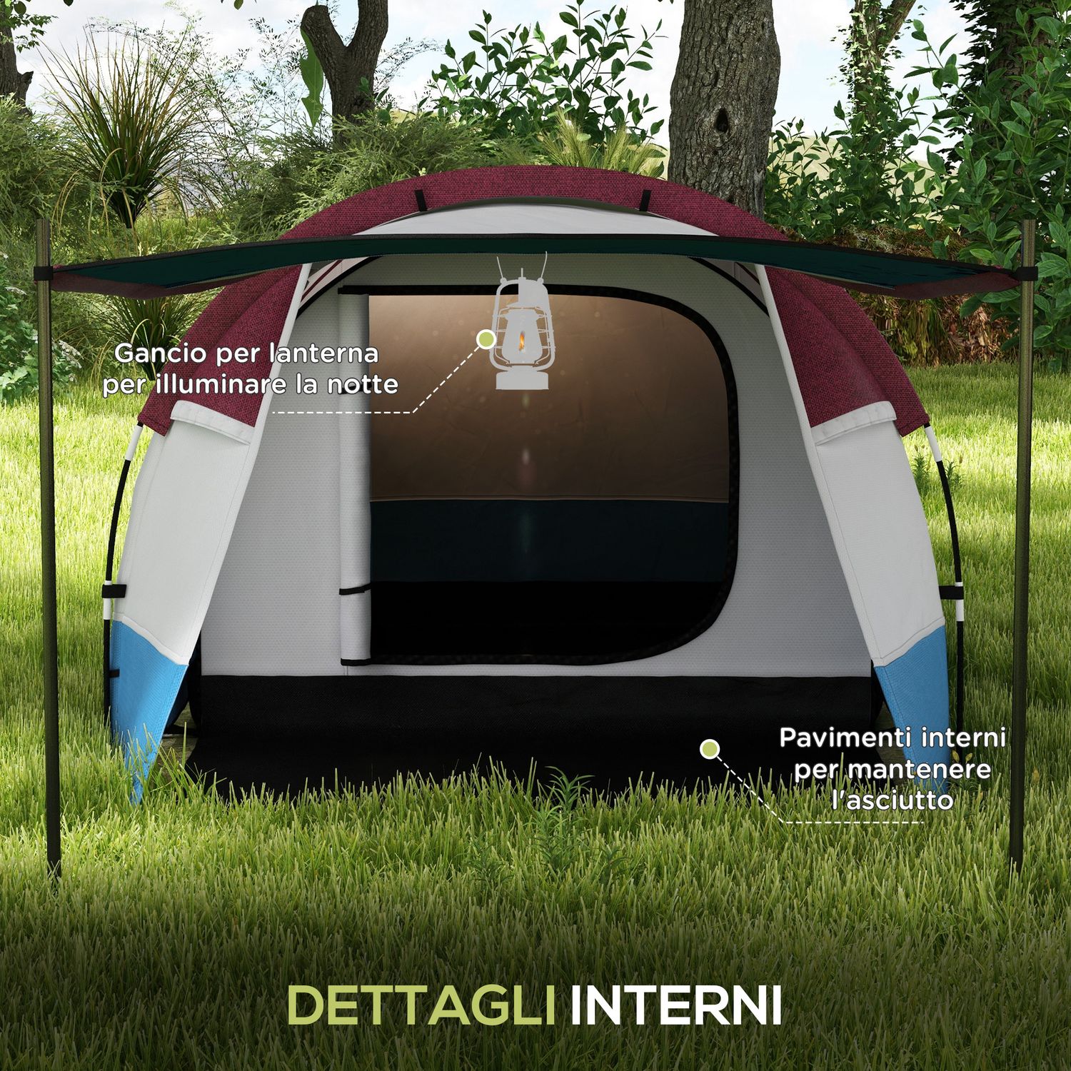 Tenda da campeggio impermeabile con 2 aree e 3 ingressi, in poliestere e fibra di vetro, 420x200x150 cm, rosso - 