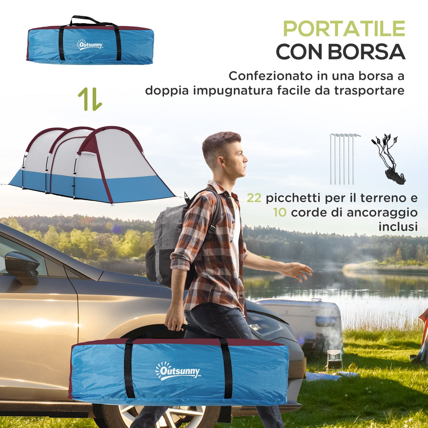 Tenda da campeggio impermeabile con 2 aree e 3 ingressi, in poliestere e fibra di vetro, 420x200x150 cm, rosso - 