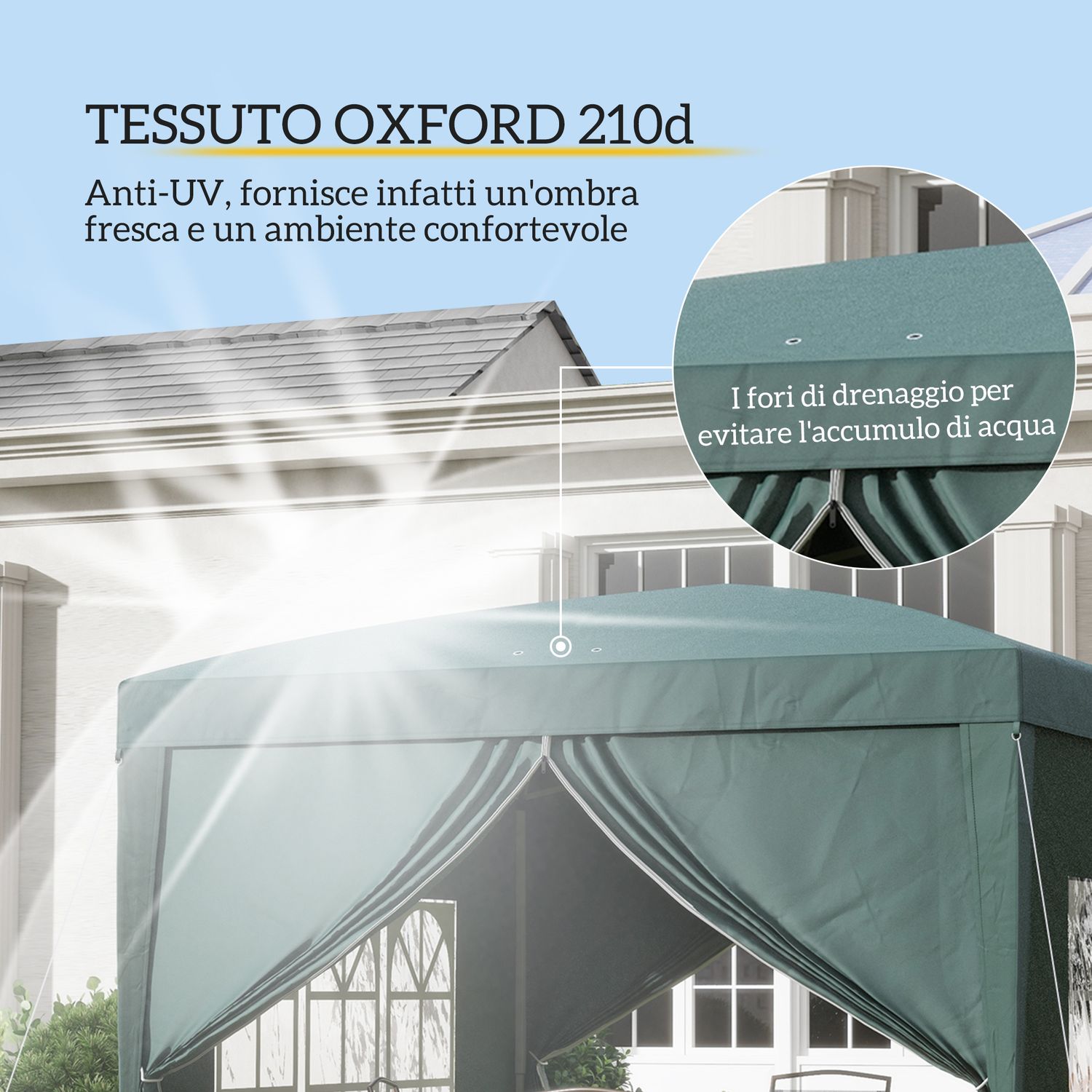 Gazebo 3x3 m da giardino impermeabile in acciaio con copertura in tessuto oxford, verde - 