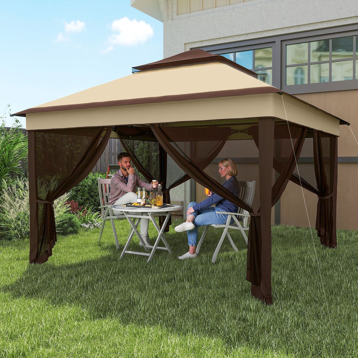 Gazebo 3x3 regolabile su 3 livelli con pareti rimovibili, in acciaio e tessuto oxford, color caffè e beige - 