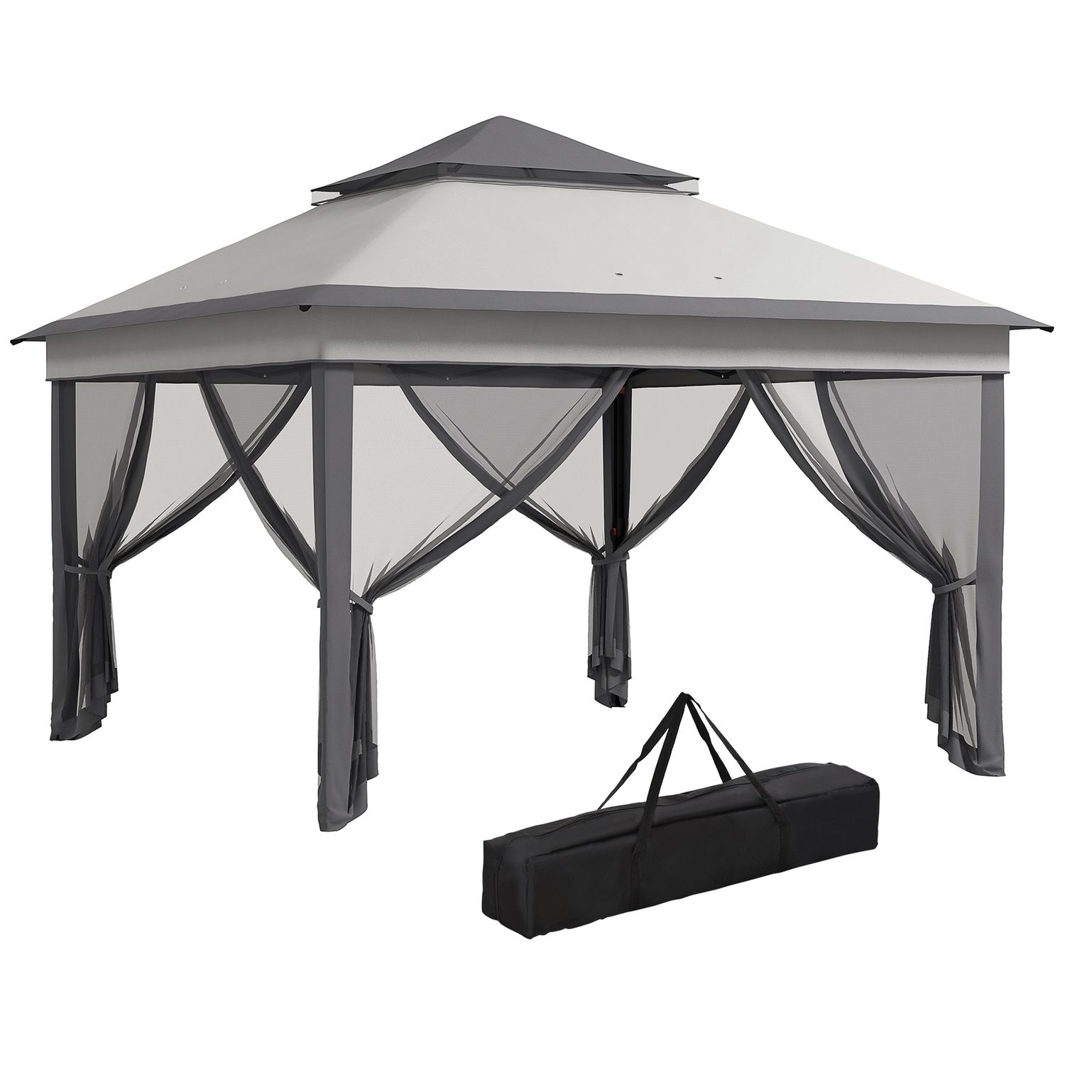 Gazebo con zanzariere regolabile su 3 livelli, in acciaio e tessuto oxford, 326x326x272 cm, grigio chiaro e scuro - 