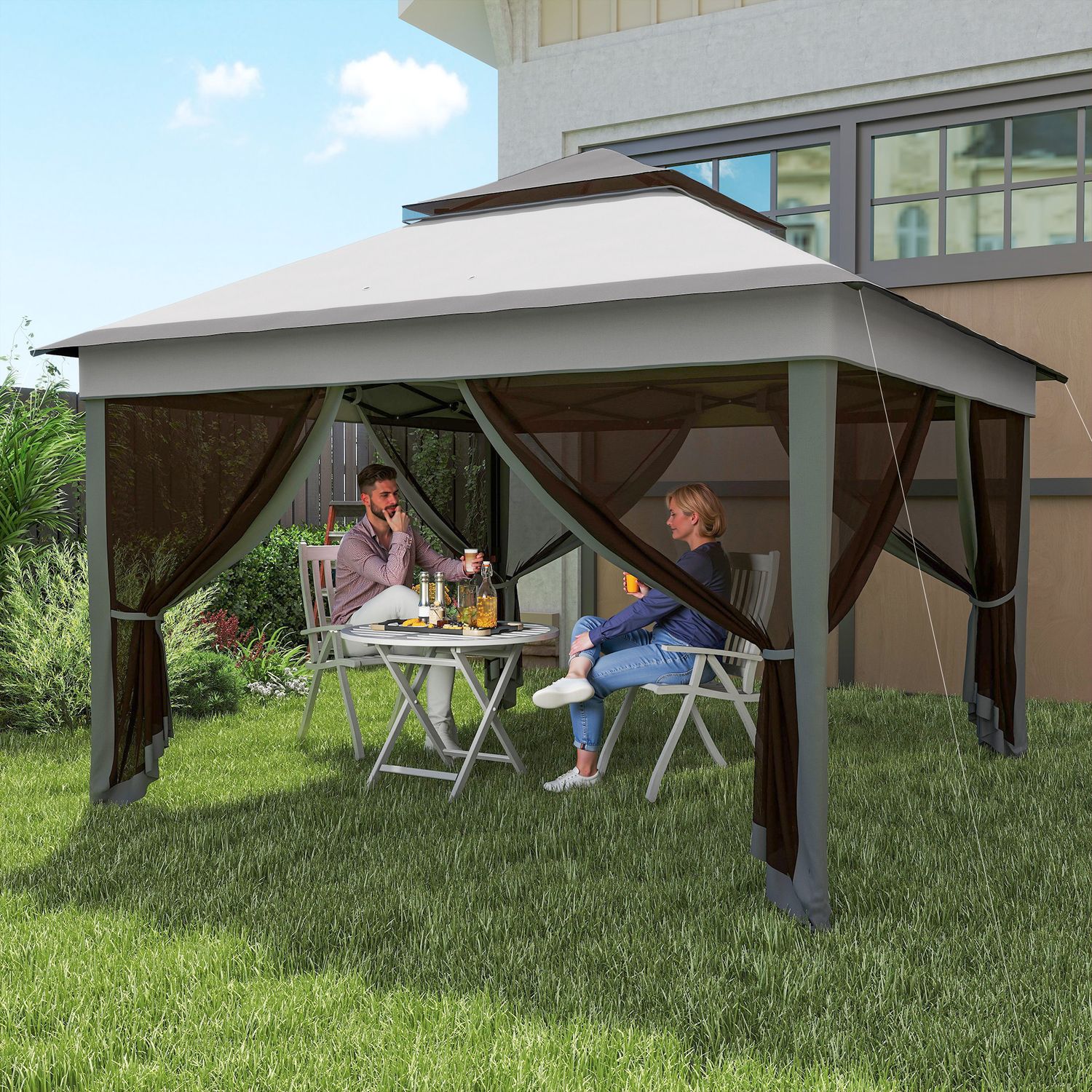 Gazebo con zanzariere regolabile su 3 livelli, in acciaio e tessuto oxford, 326x326x272 cm, grigio chiaro e scuro - 
