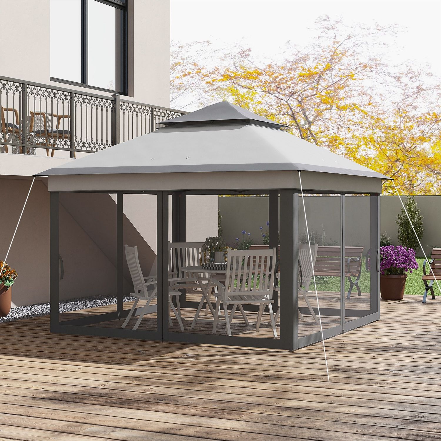 Gazebo con zanzariere regolabile su 3 livelli, in acciaio e tessuto oxford, 326x326x272 cm, grigio chiaro e scuro - 