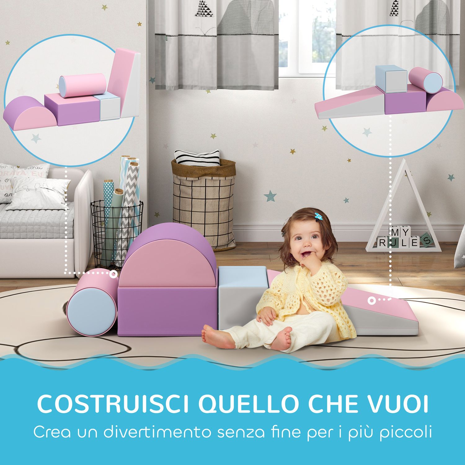 Set costruzioni morbide per bambini 1-3 anni con 5 blocchi colorati in finta pelle e schiuma multicolore - 