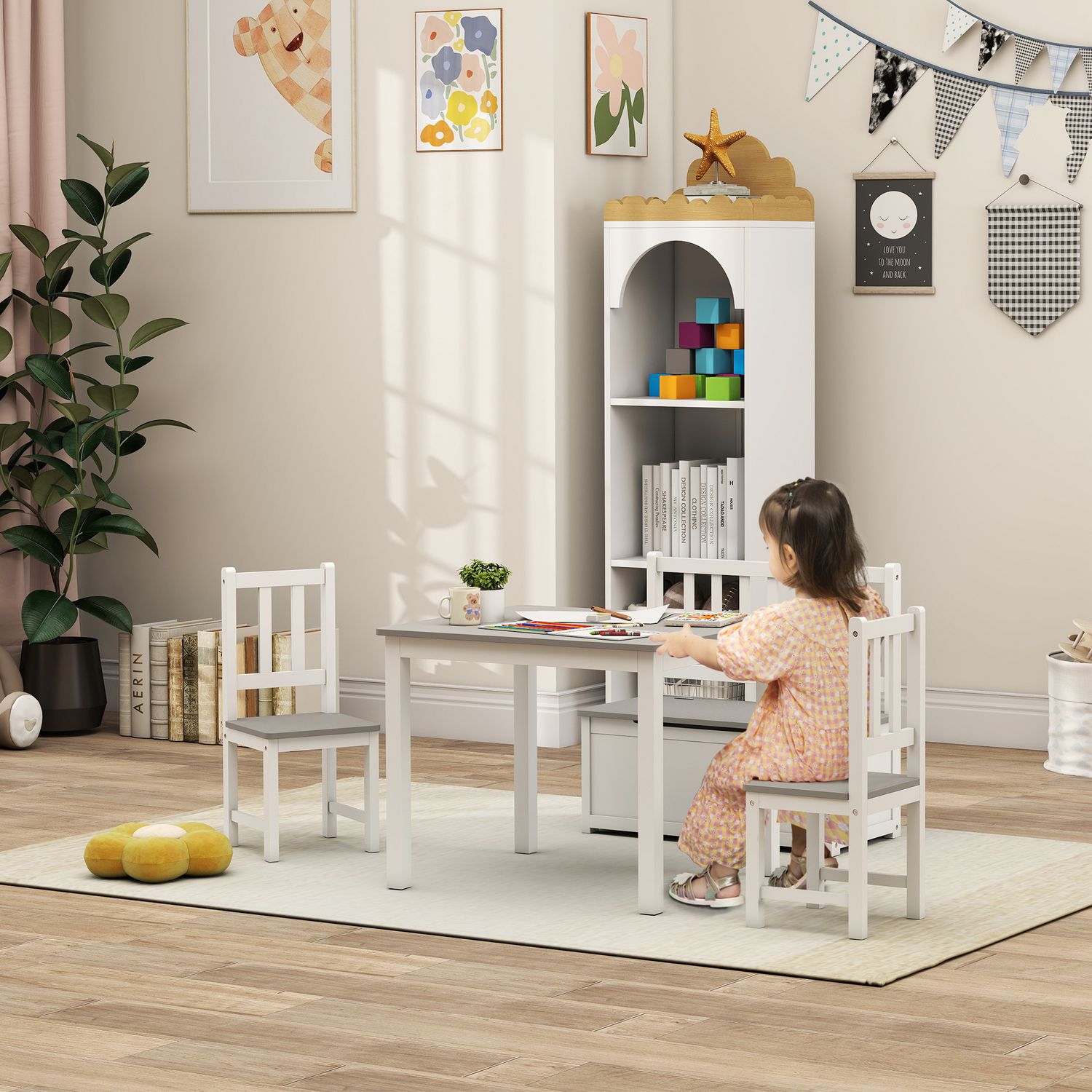 Set tavolo per bambini con 2 sedie e cassapanca in legno per cameretta, bianco e grigio - 