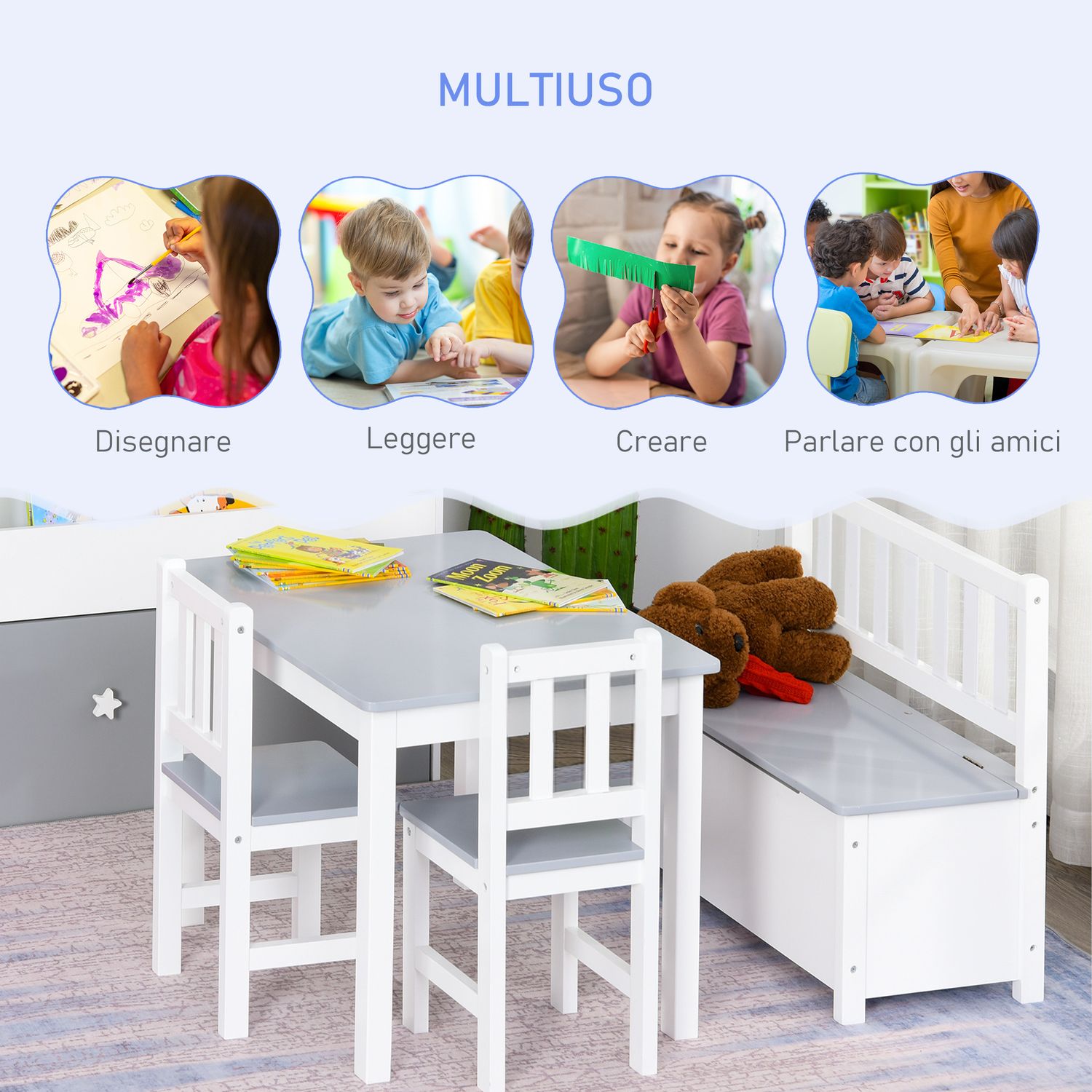 Set tavolo per bambini con 2 sedie e cassapanca in legno per cameretta, bianco e grigio - 