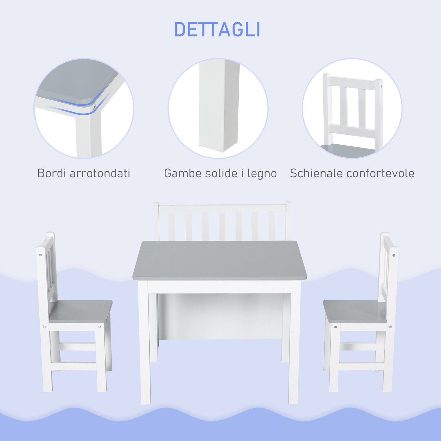 Set tavolo per bambini con 2 sedie e cassapanca in legno per cameretta, bianco e grigio - 
