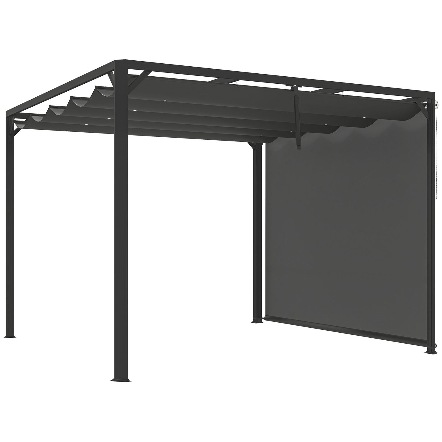 Gazebo pergola retrattile 3x3 m con tenda a rullo e fori di drenaggio, in acciaio e poliestere grigio scuro - 