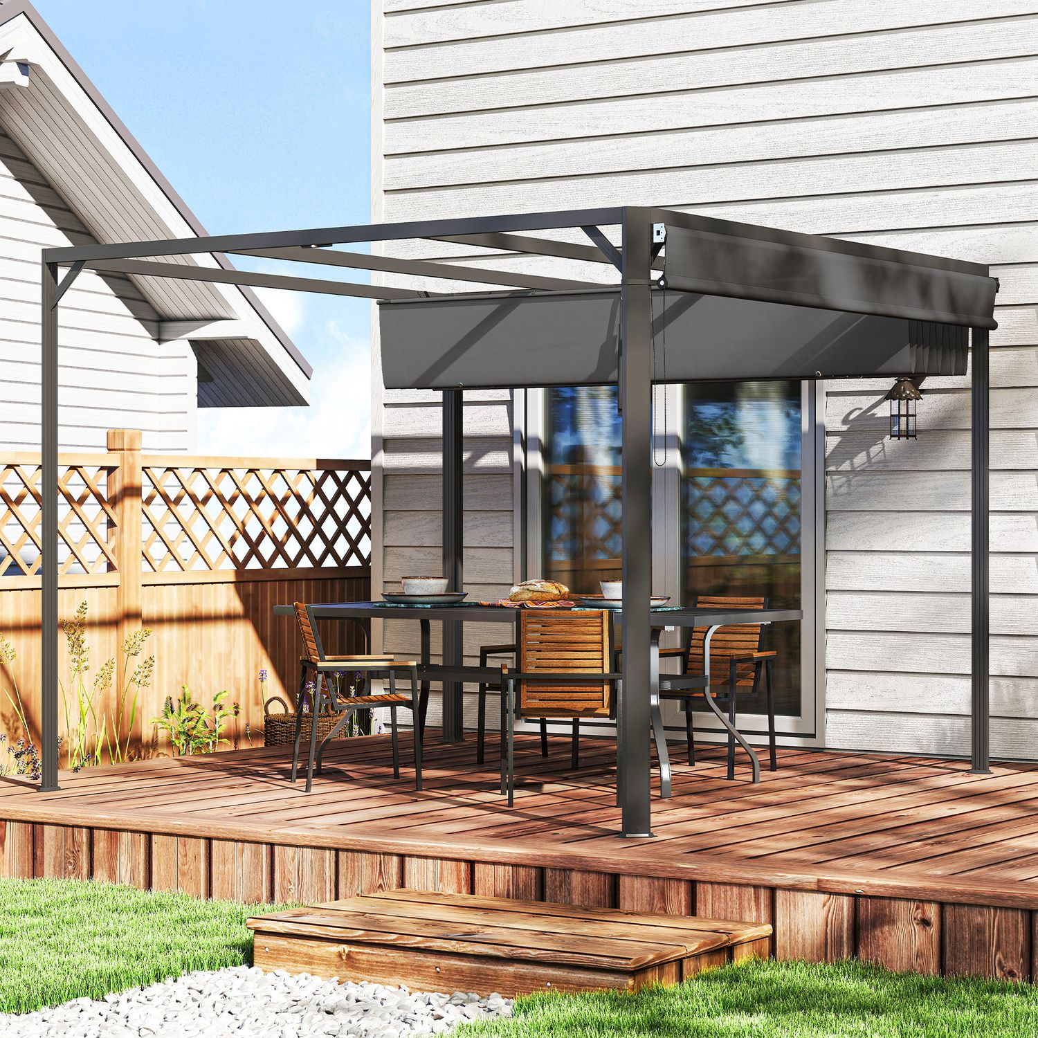 Gazebo pergola retrattile 3x3 m con tenda a rullo e fori di drenaggio, in acciaio e poliestere grigio scuro - 