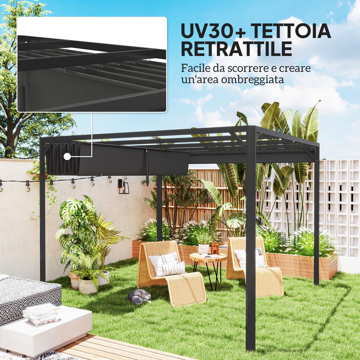 Gazebo pergola retrattile 3x3 m con tenda a rullo e fori di drenaggio, in acciaio e poliestere grigio scuro - 