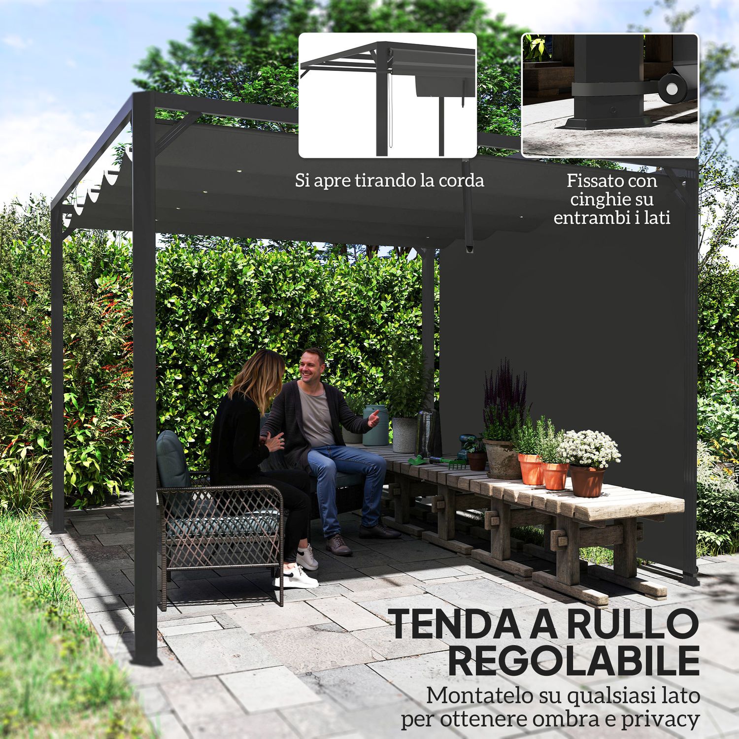 Gazebo pergola retrattile 3x3 m con tenda a rullo e fori di drenaggio, in acciaio e poliestere grigio scuro - 