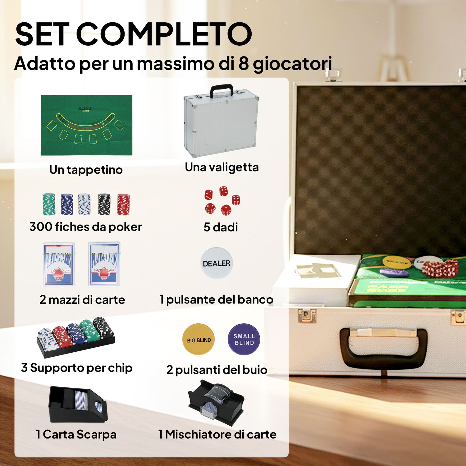 Set poker con 300 fiches, mescolatore e distributore carte, tappetino, 5 dadi, pulsante dealer e valigetta - 
