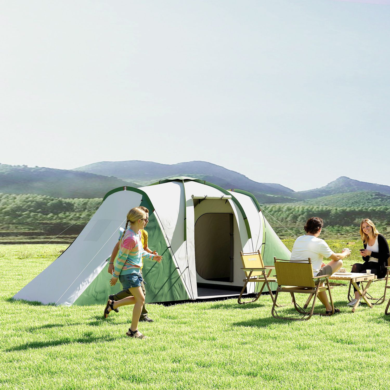 Tenda da campeggio 4-6 persone con 2 camere, in poliestere e fibra di vetro, 555x225x190 cm, grigio e verde - 