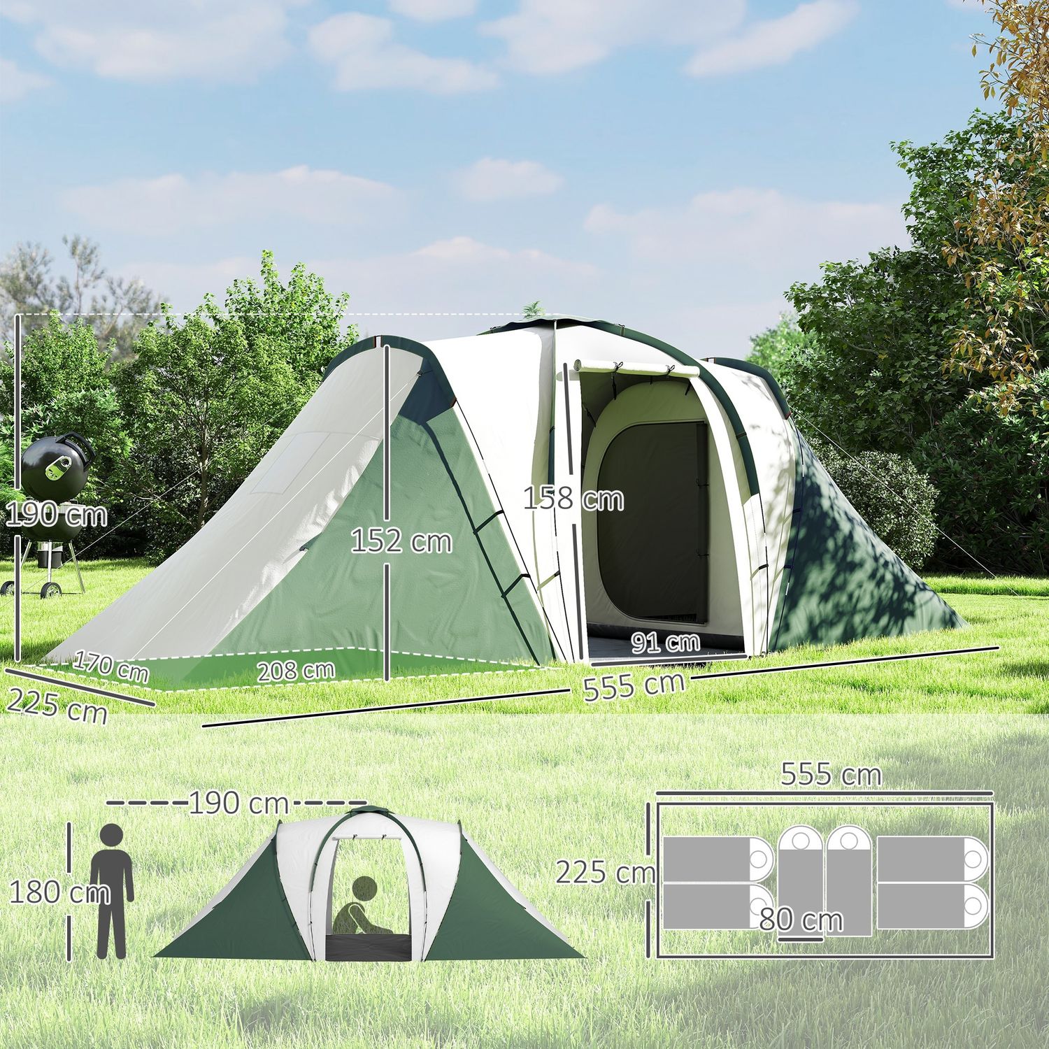 Tenda da campeggio 4-6 persone con 2 camere, in poliestere e fibra di vetro, 555x225x190 cm, grigio e verde - 