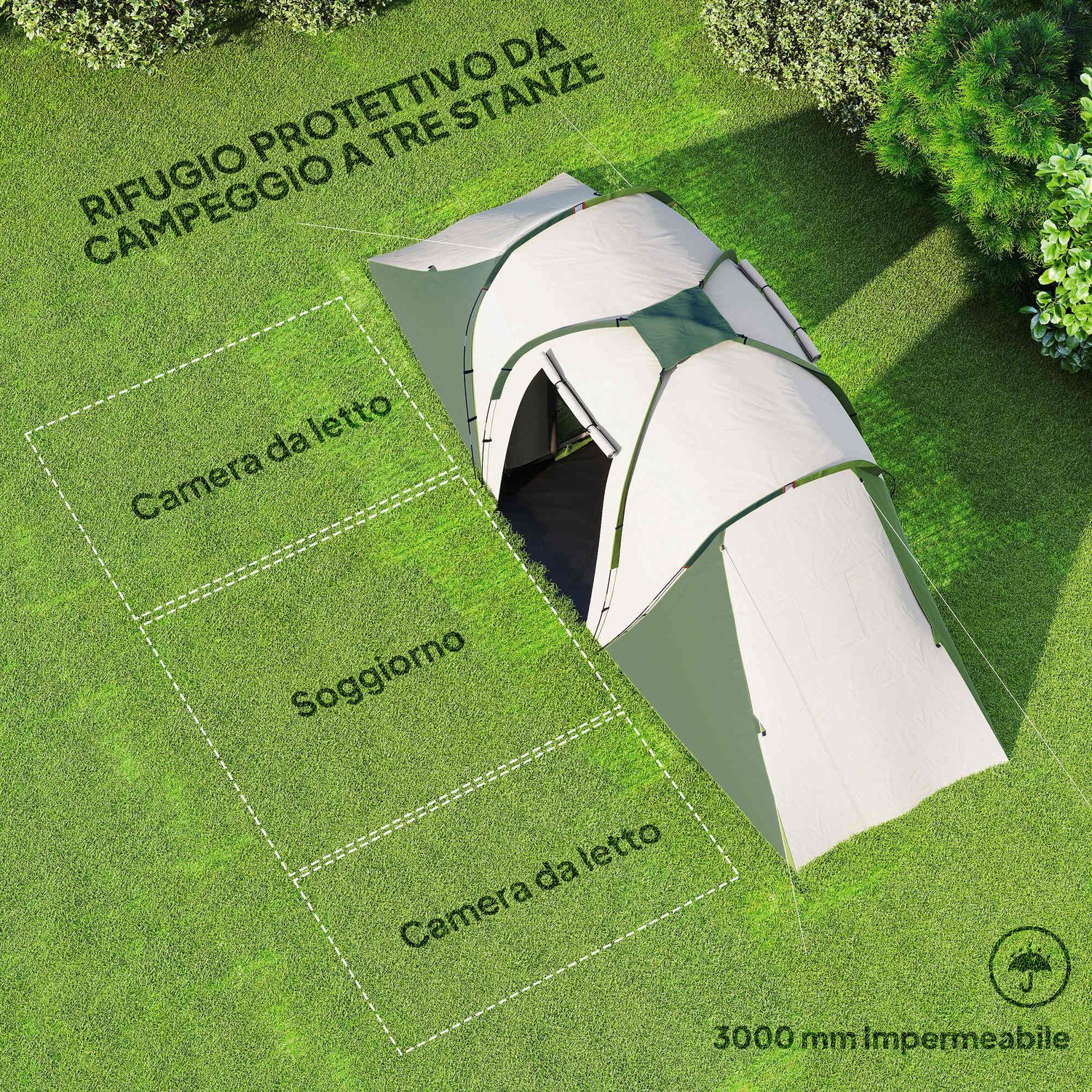 Tenda da campeggio 4-6 persone con 2 camere, in poliestere e fibra di vetro, 555x225x190 cm, grigio e verde - 