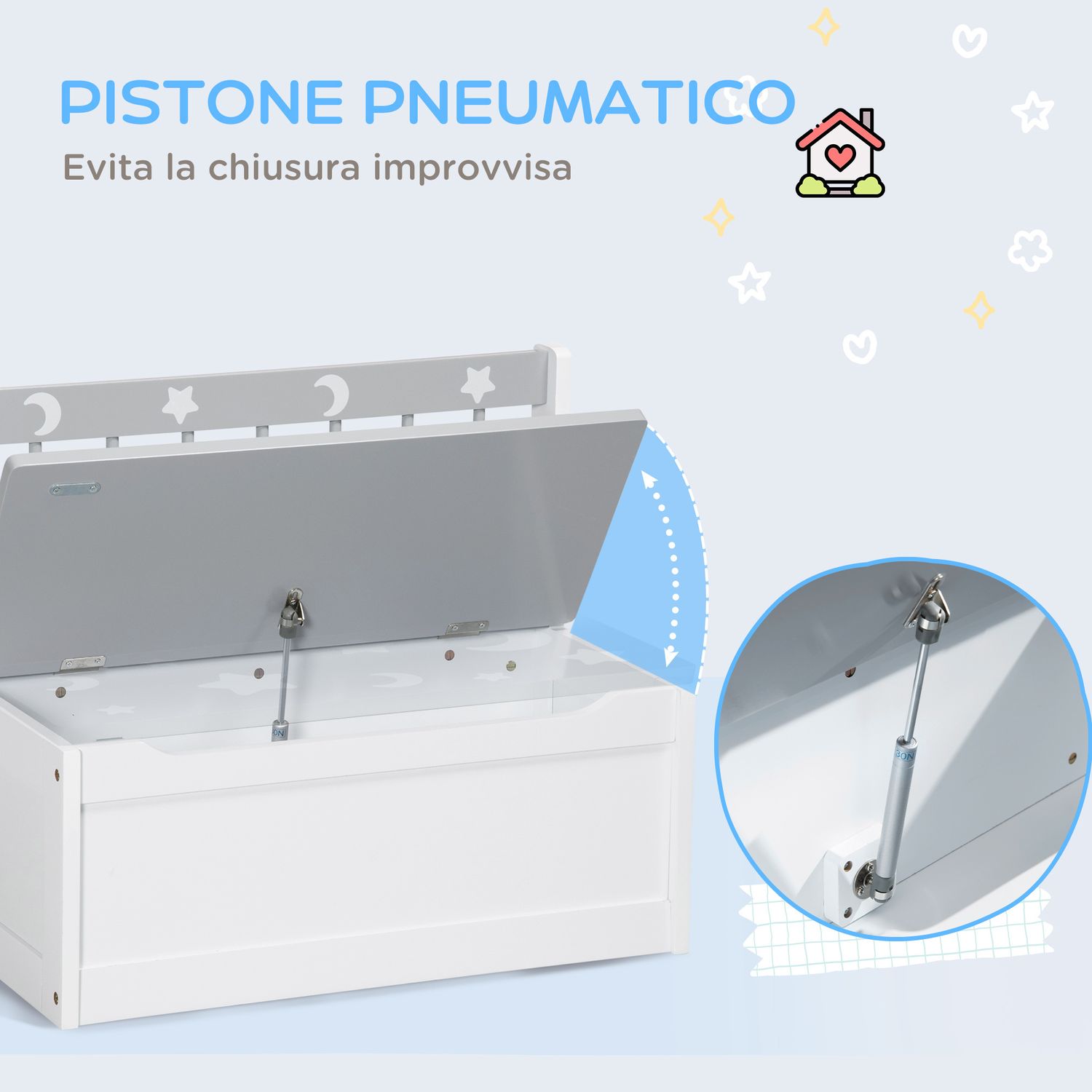 Cassapanca moderna portagiochi con leva a gas, in mdf e legno di pino, 60x30x50 cm, bianco e grigio - 