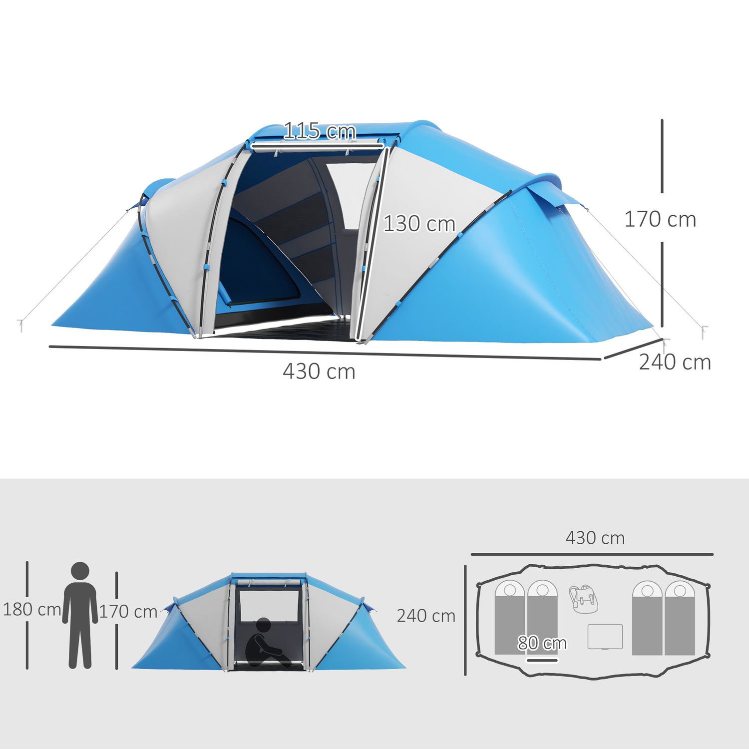 Tenda da campeggio 4 posti con 2 zone notte e borsa da trasporto, 430×240×170 cm, bianco e azzurro - 