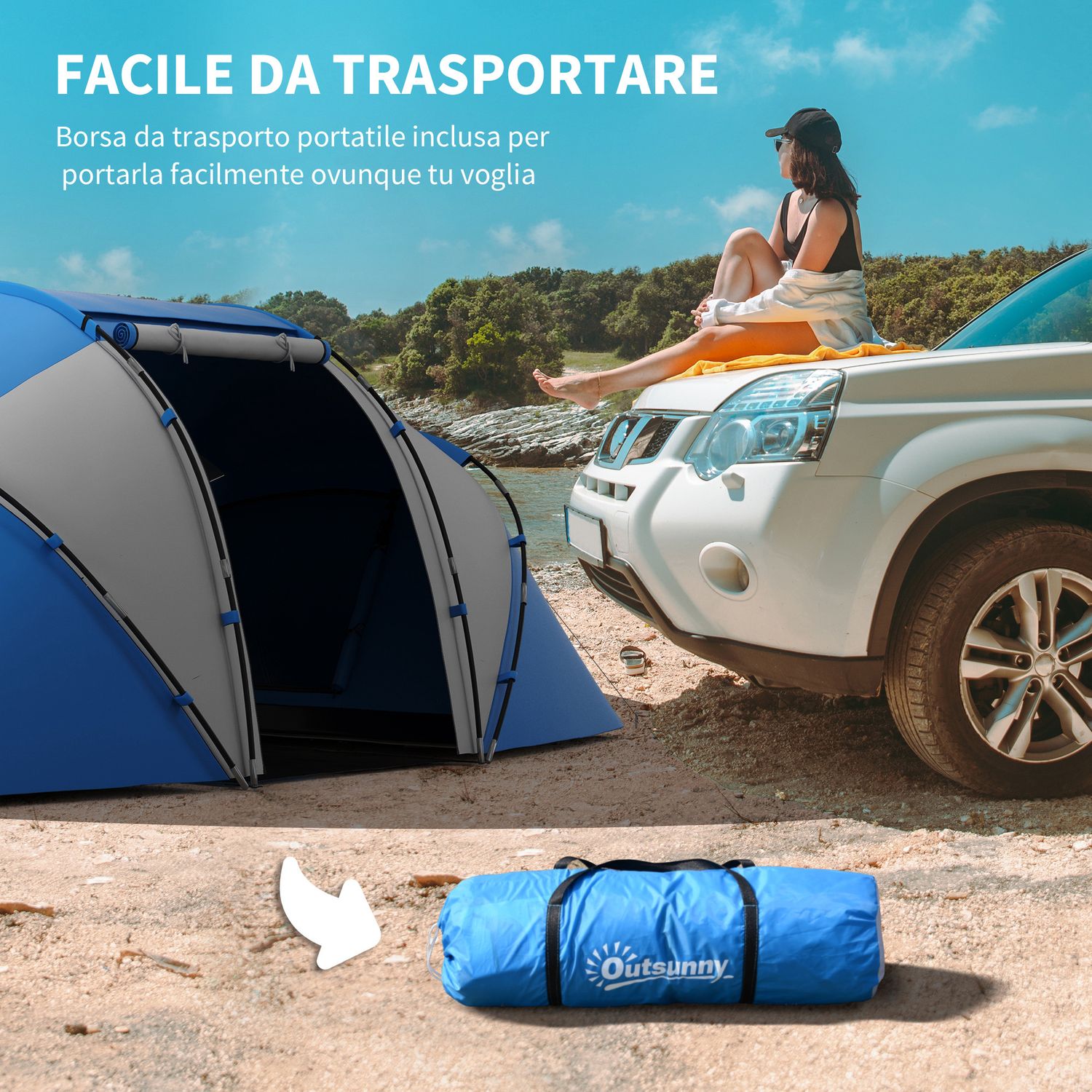 Tenda da campeggio 4 posti con 2 zone notte e borsa da trasporto, 430×240×170 cm, bianco e azzurro - 