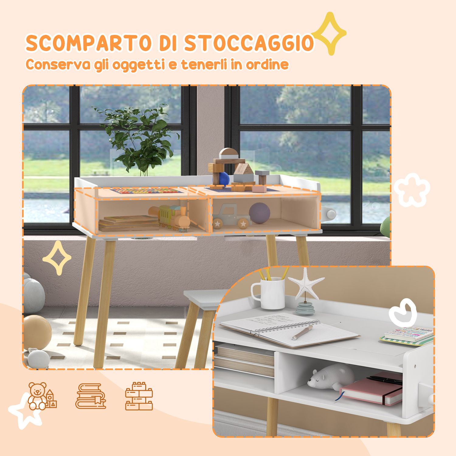 Set tavolino per bambini con sgabello, banchetto con piano reversibile e rotolo di carta, bianco - 