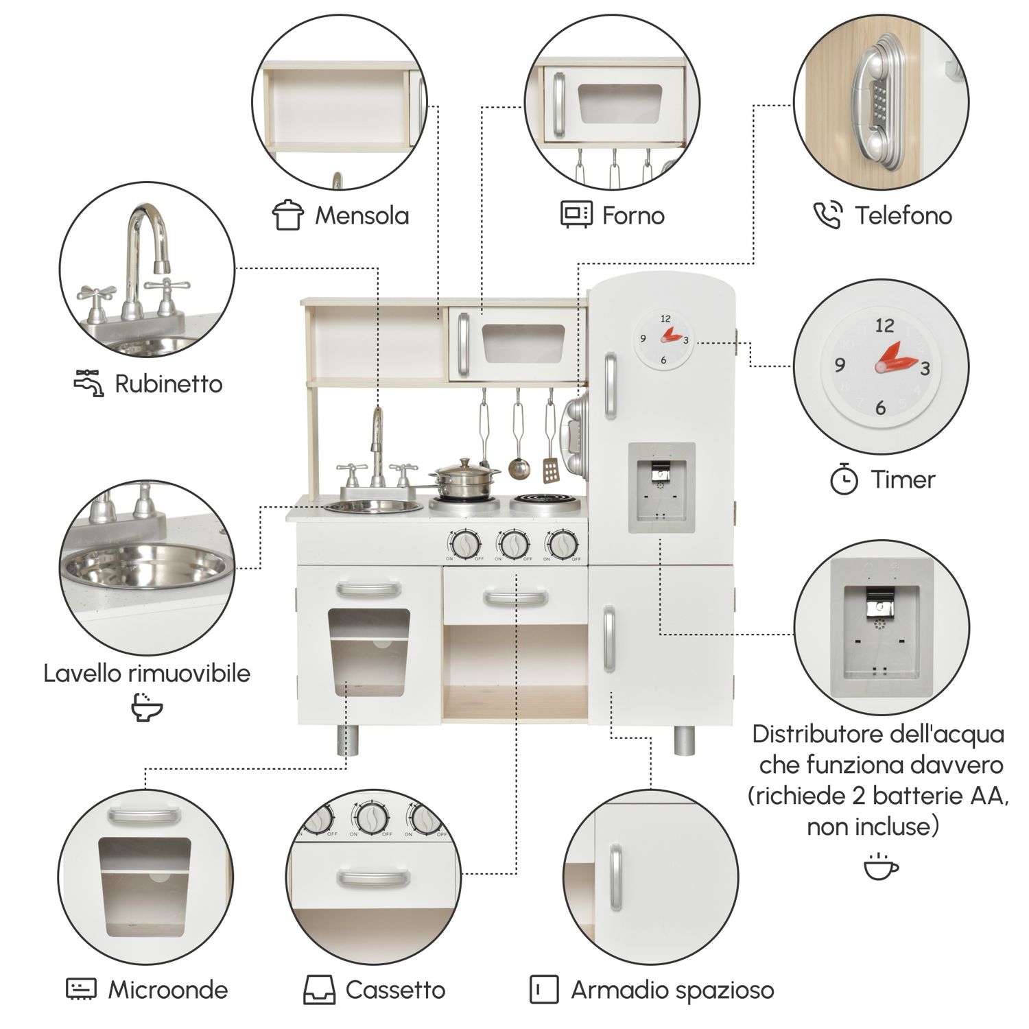 Cucina giocattolo in legno per bambini con lavandino e fornelli, pentole e utensili in acciaio, 74x30x81cm, bianco - 