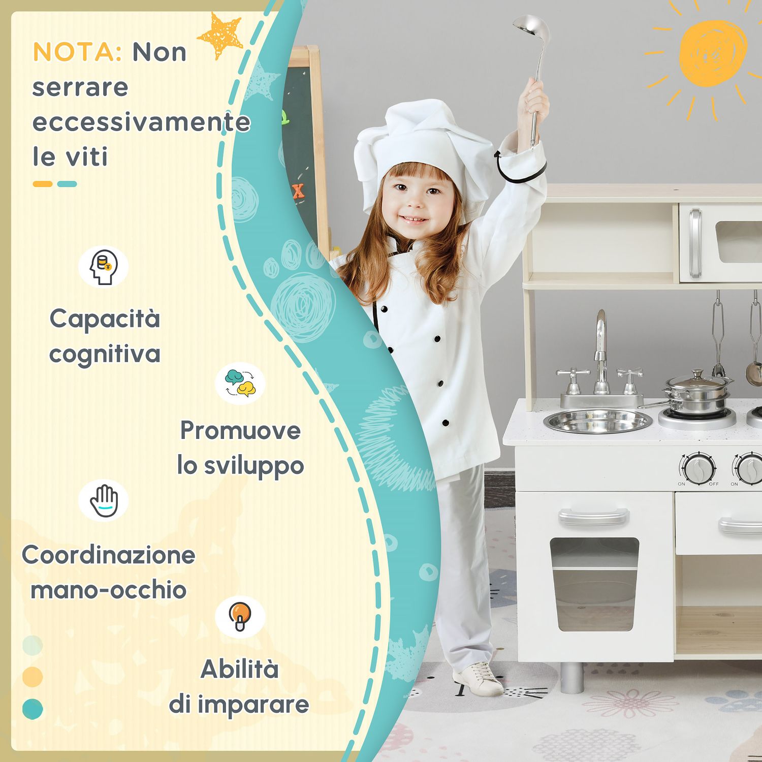 Cucina giocattolo in legno per bambini con lavandino e fornelli, pentole e utensili in acciaio, 74x30x81cm, bianco - 