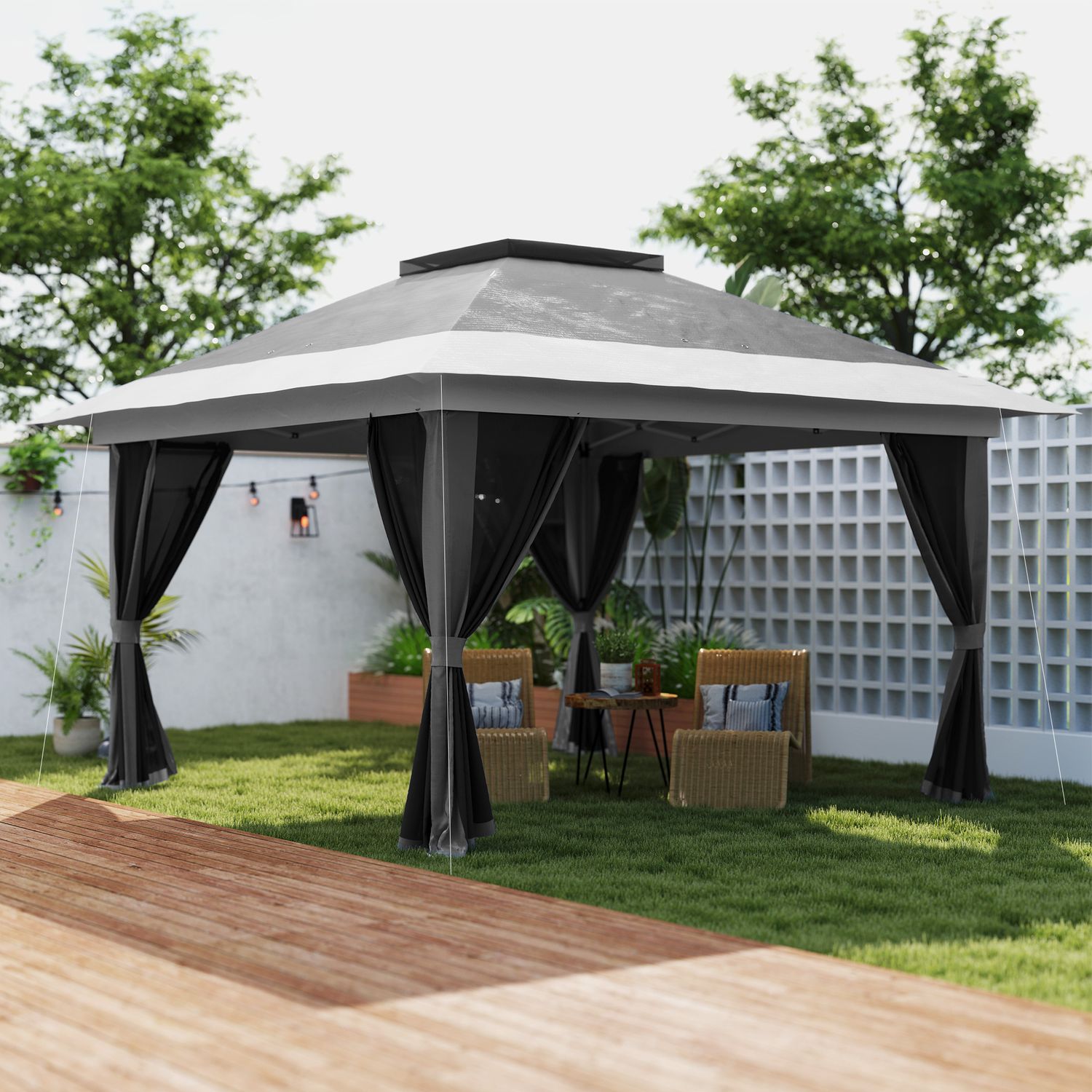 Gazebo pieghevole 3.6x3.6 m con pareti, altezza regolabile e protezione upf50+, borsa con ruote, grigio - 