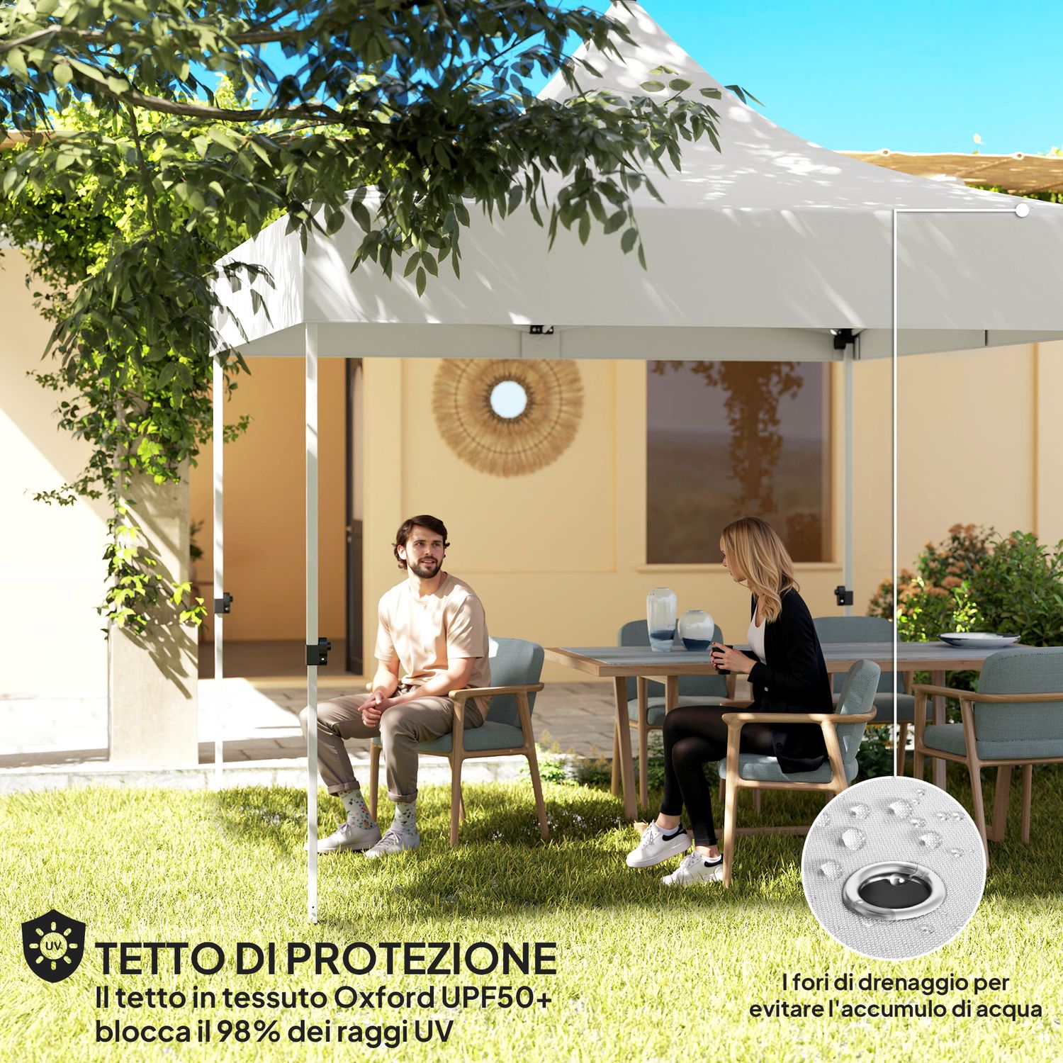 Gazebo da giardino pop up 3x3 m ad altezza regolabile con luci led solari, in tessuto oxford e metallo, bianco - 