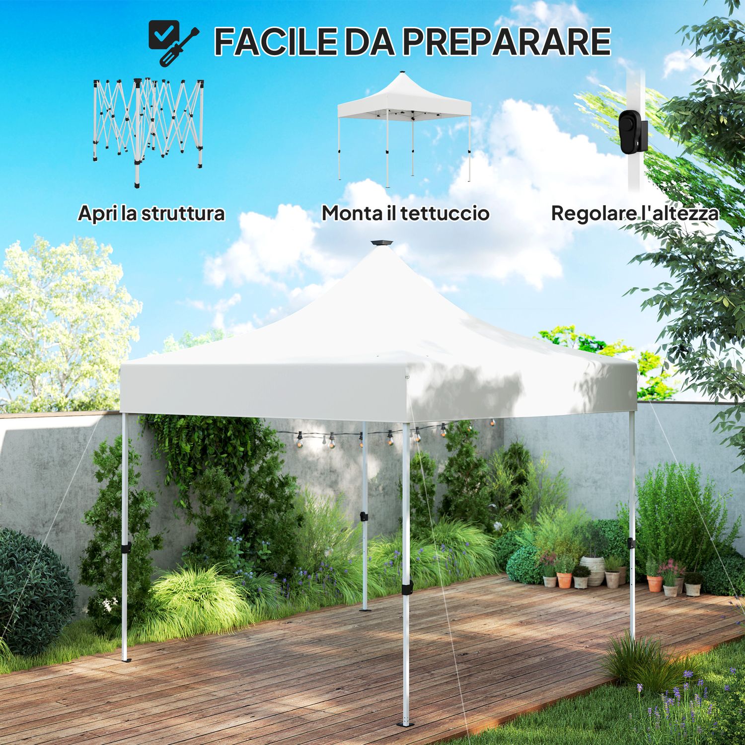 Gazebo da giardino pop up 3x3 m ad altezza regolabile con luci led solari, in tessuto oxford e metallo, bianco - 
