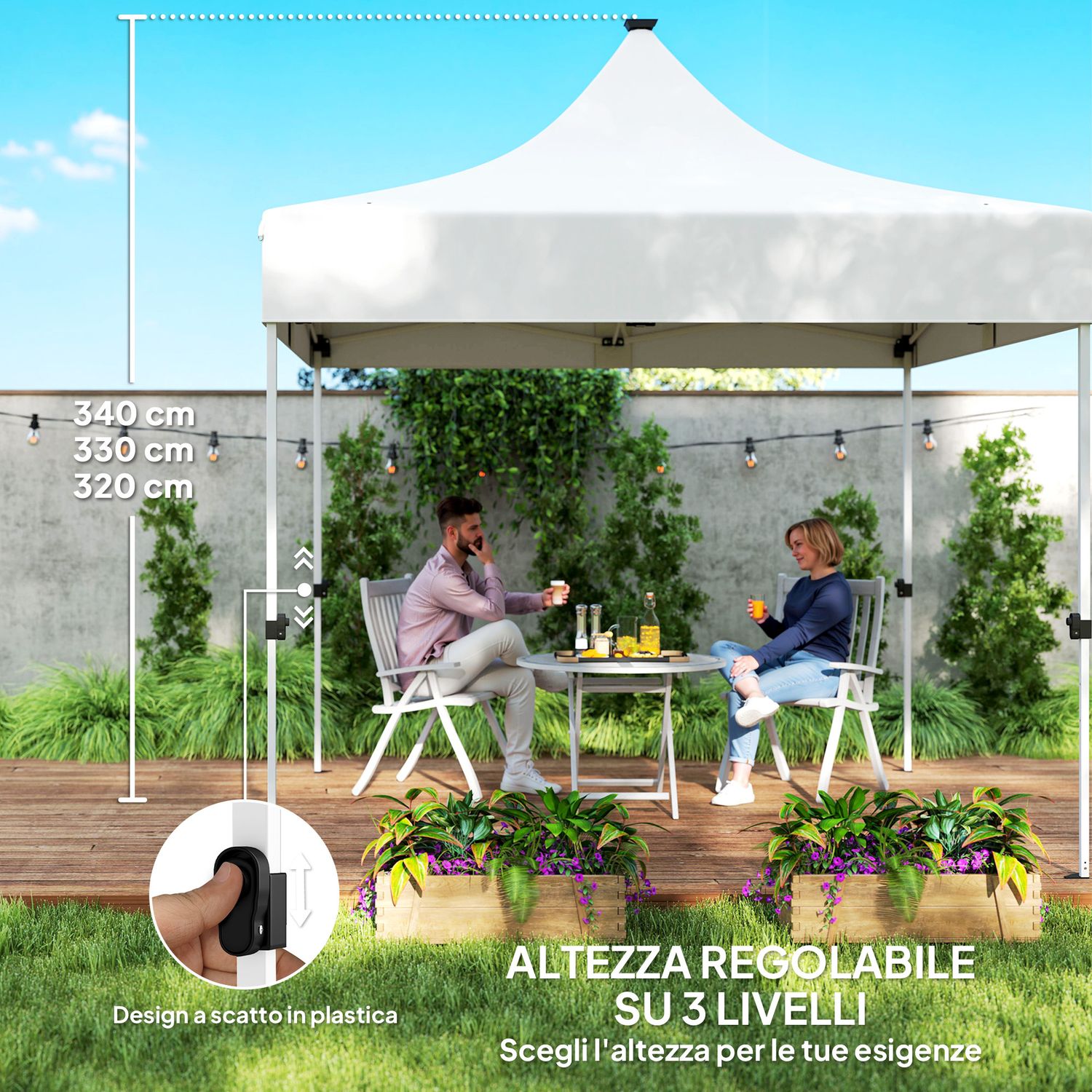 Gazebo da giardino pop up 3x3 m ad altezza regolabile con luci led solari, in tessuto oxford e metallo, bianco - 