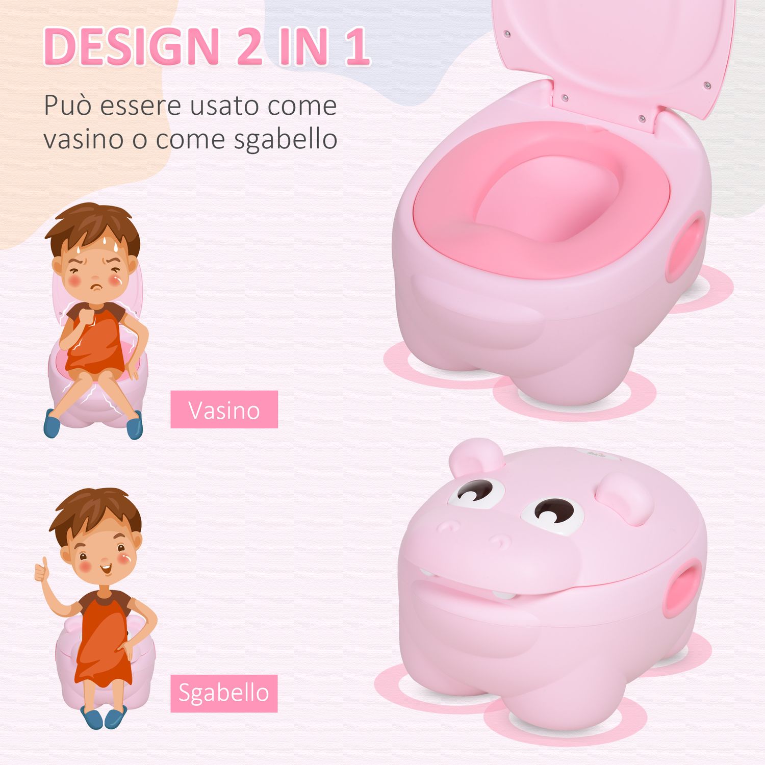 Vasino per bambini 6 mesi-48 mesi antiscivolo ippopotamo rosa (40x30x23cm) - 