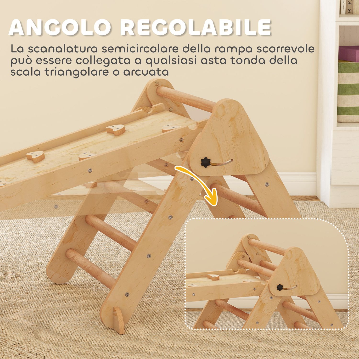 Gioco per bambini 5 in 1 con triangolo, parete liscia e arco, in legno di pioppo e pino, 188x70x59 cm - 