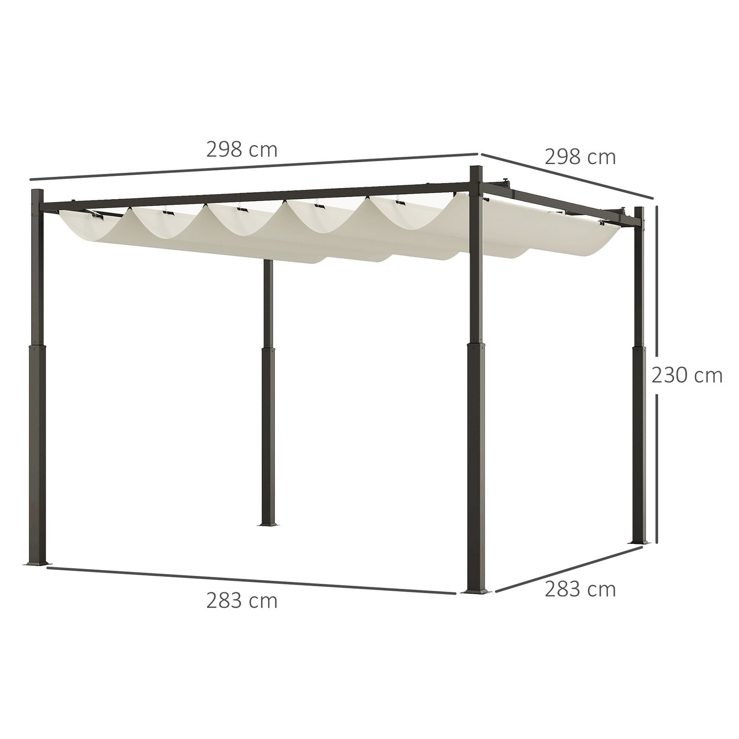 Gazebo pergola 3x3 m con tettuccio retrattile, 8 viti e 8 picchetti, in poliestere 180g e metallo, bianco crema - 