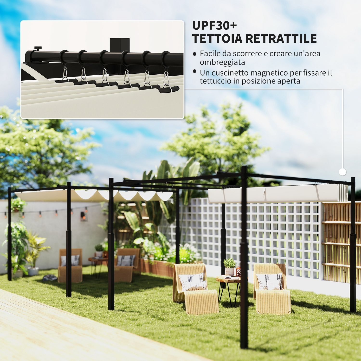 Gazebo pergola 3x3 m con tettuccio retrattile, 8 viti e 8 picchetti, in poliestere 180g e metallo, bianco crema - 