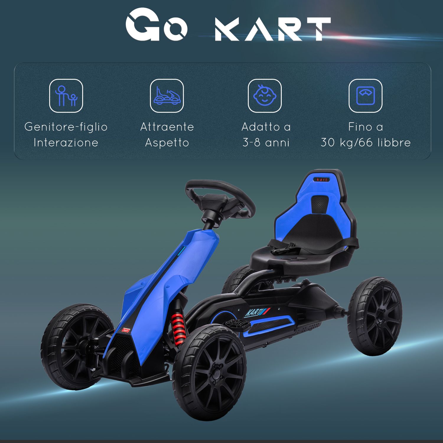 Go kart a pedali per bambini 3-8 anni con sedile regolabile e ruote in eva, 100x58x58.5 cm, blu - 
