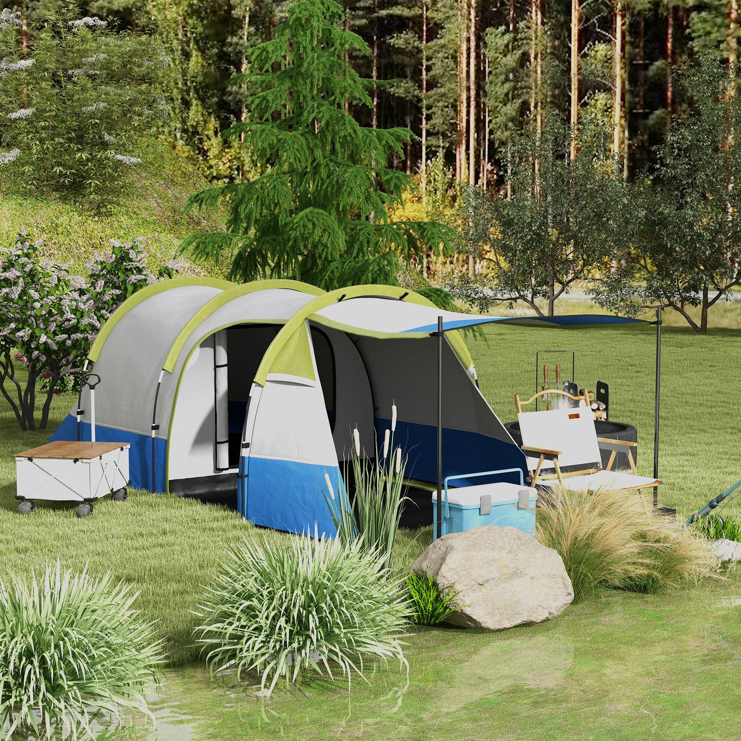 Tenda da campeggio impermeabile con 2 aree e 3 ingressi, in poliestere e fibra di vetro, 420x200x150 cm, verde - 